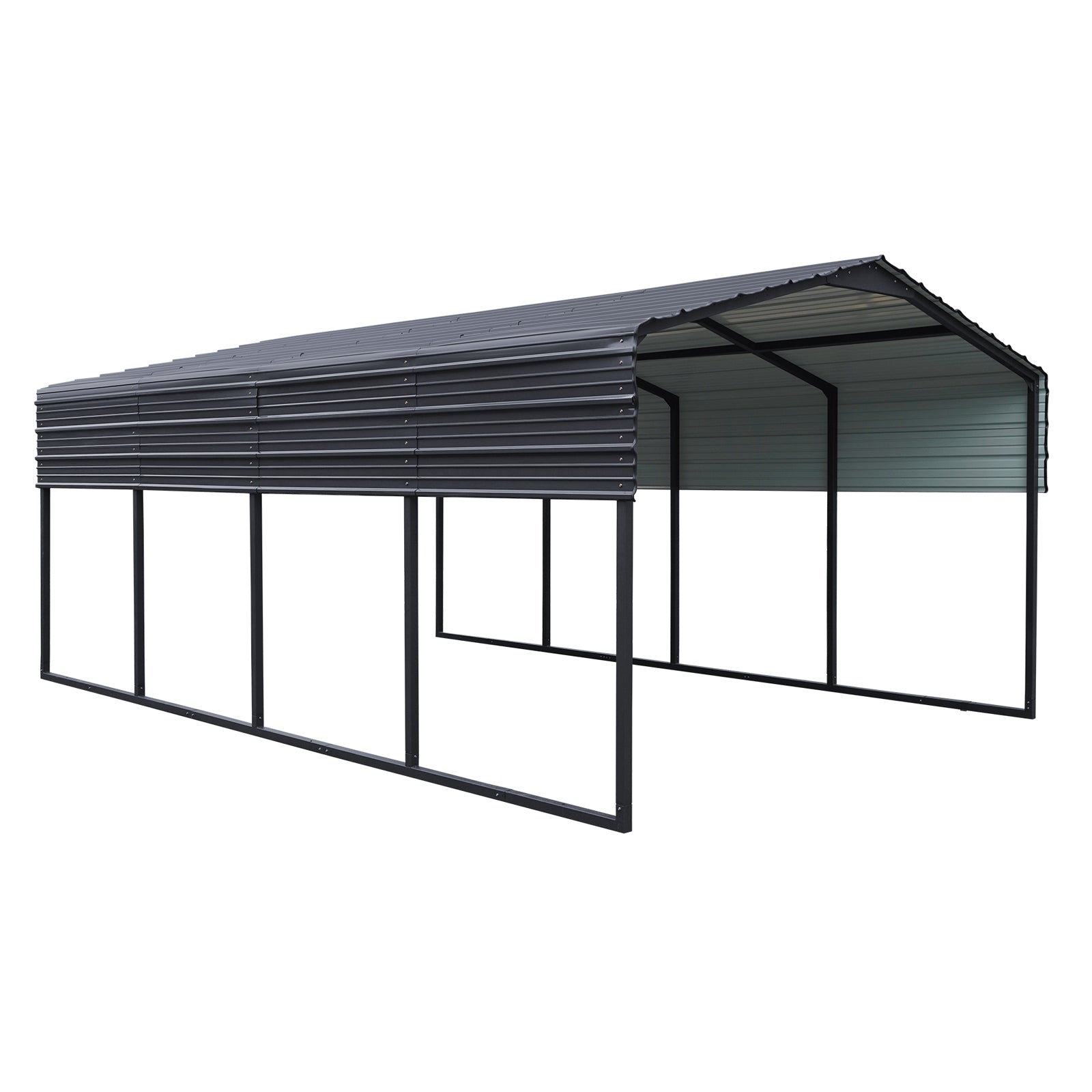 Dark gray metal carport structure with peaked roof and open sides
