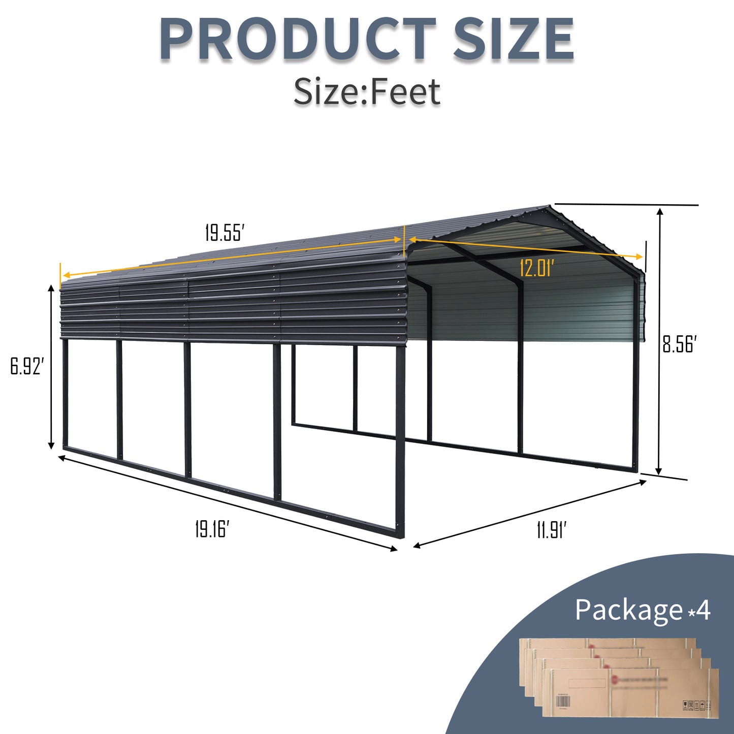 Dark grey metal carport  L x  W x  H shown with dimensions