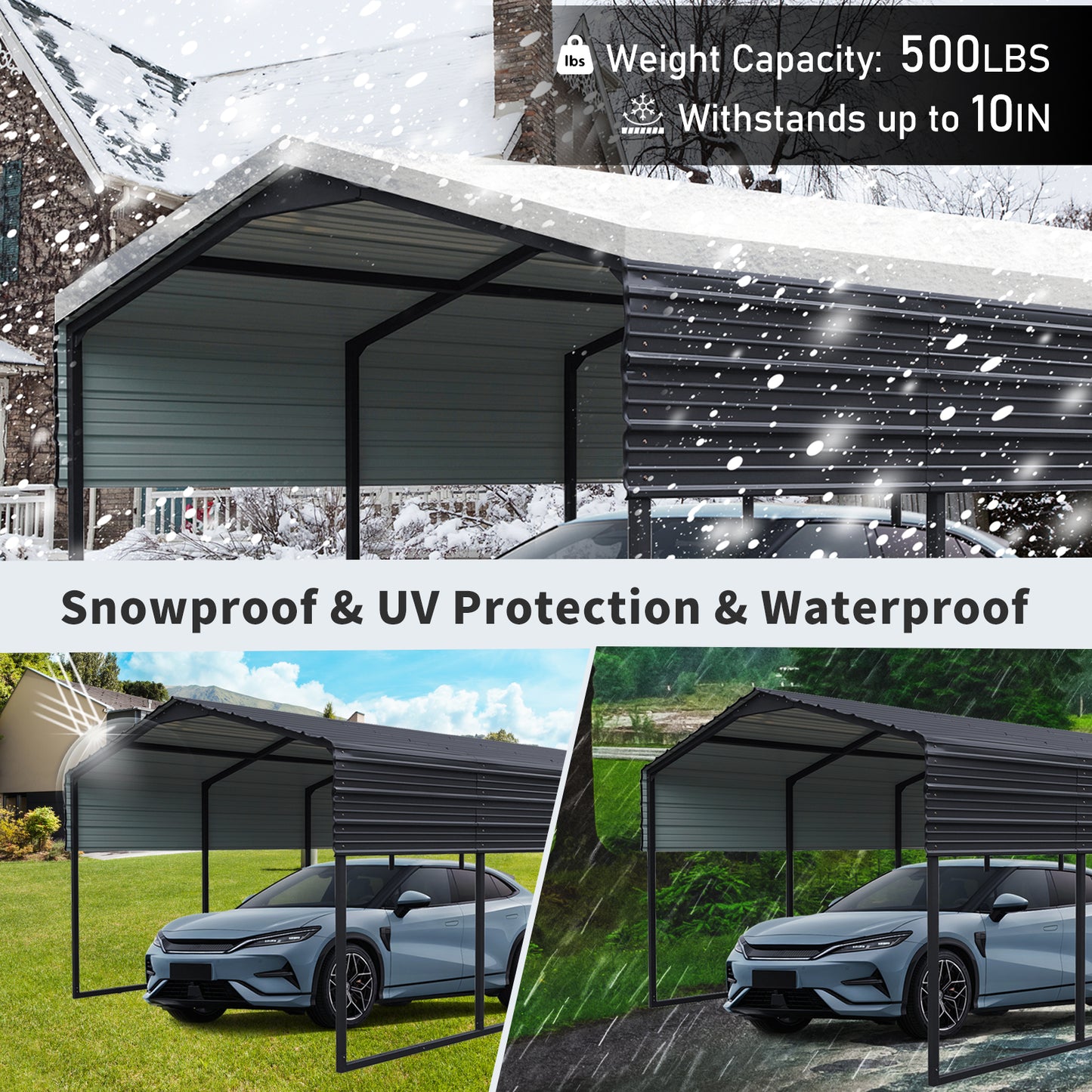 Heavyduty steel carport with durable gray panels offering  lb weight capacity for snow