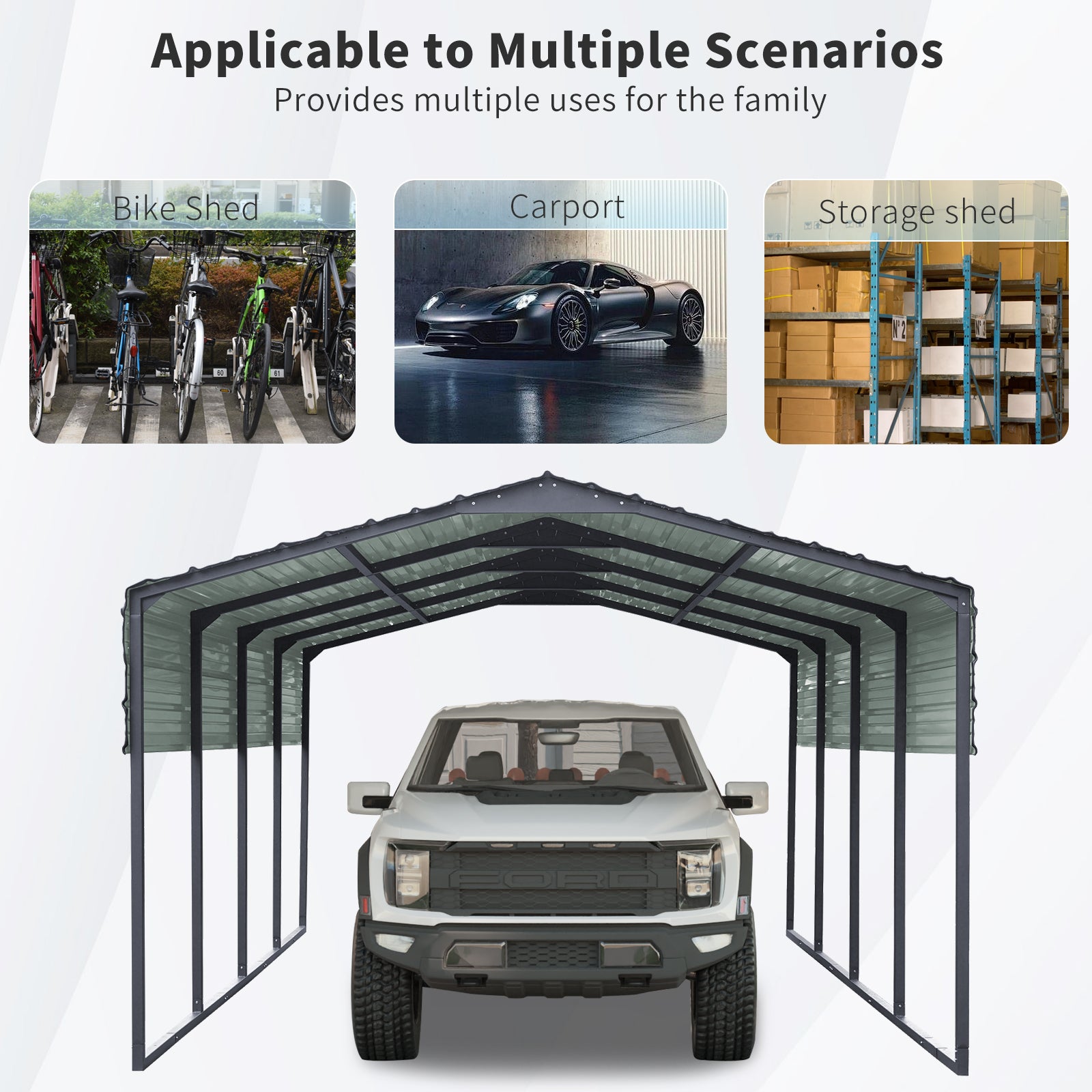Metal carport with grey roof and black frame housing a white pickup truck