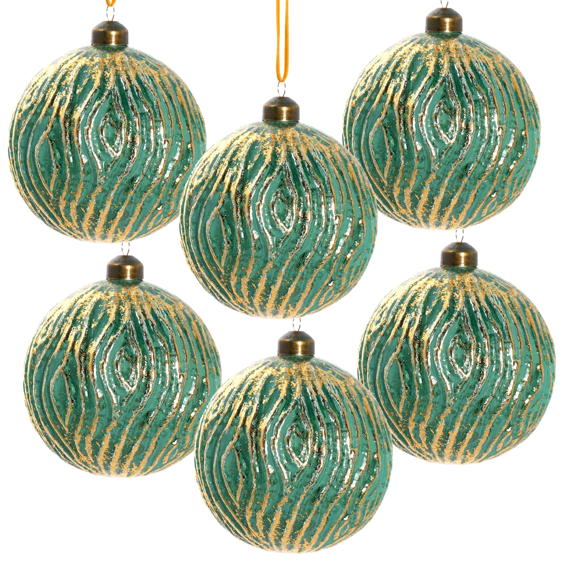 Set of six antique green glass Christmas ornaments with gold textured accents
