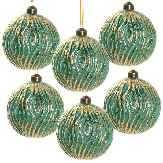 Set of six antique green glass Christmas ornaments with gold textured accents