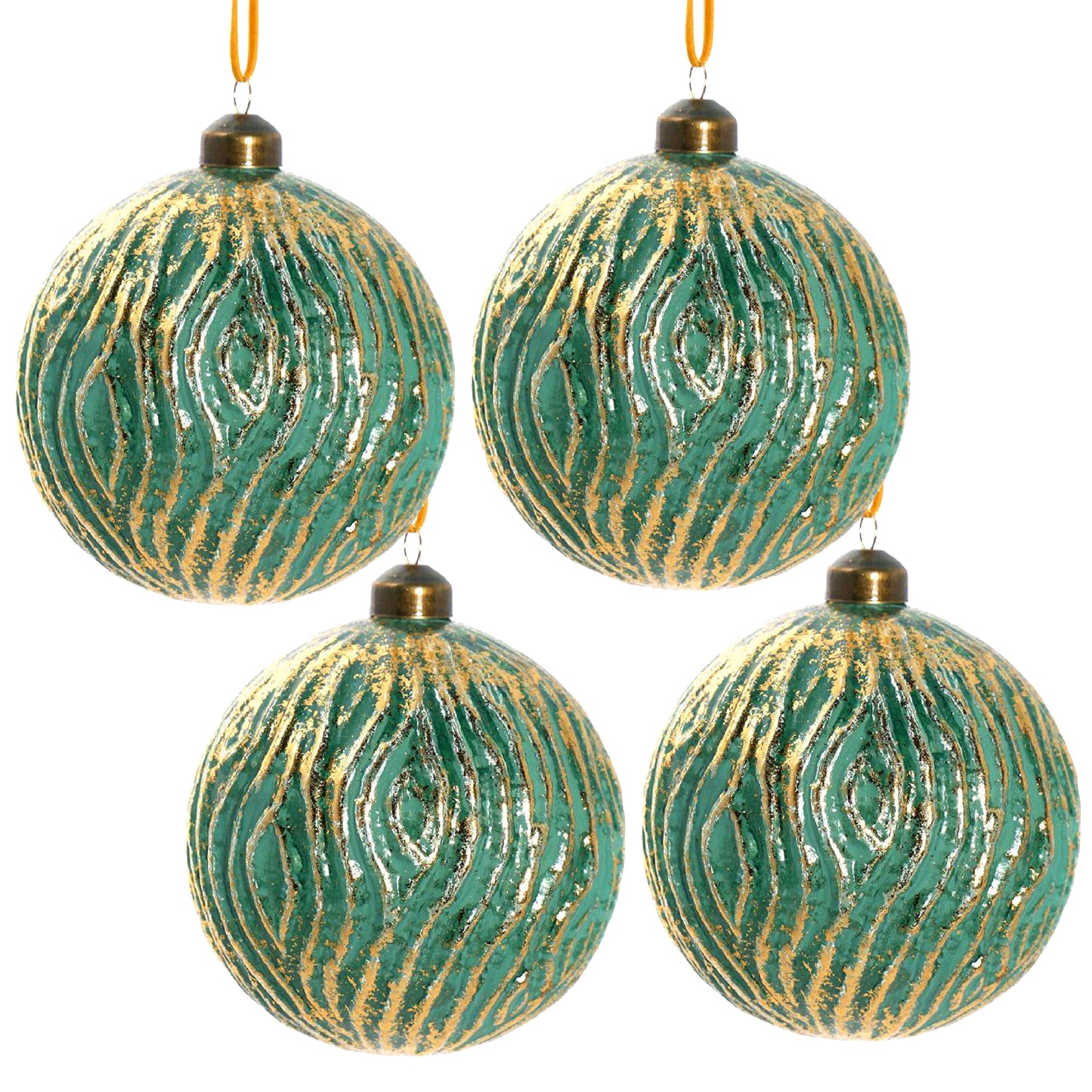 Textured teal Christmas ornaments with gold accents set of four