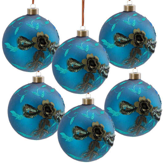 Set of  blue glass Christmas ornaments with embroidered floral and sequin details