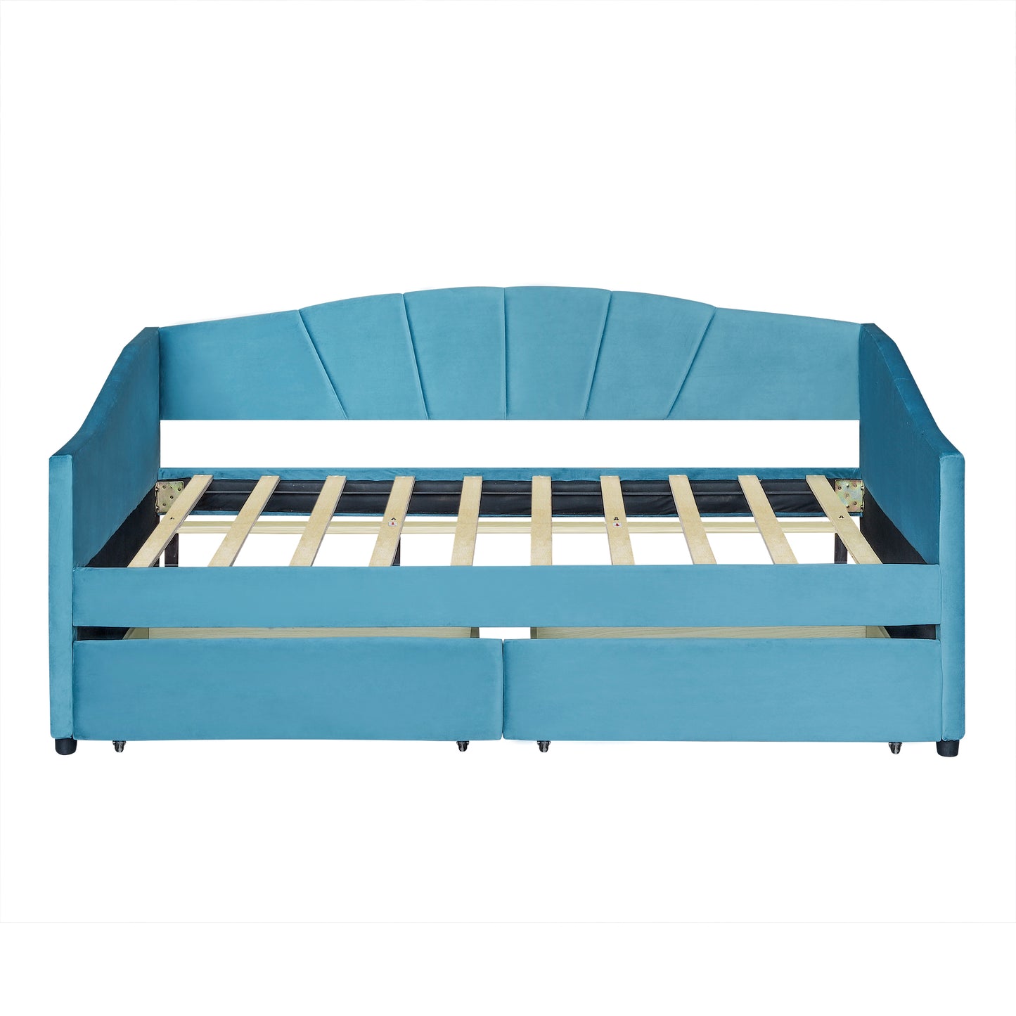 Turquoise velvet daybed with fanshaped headboard and storage drawers