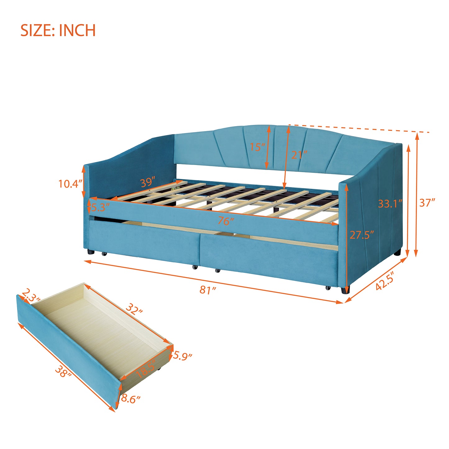 Blue velvet daybed with upholstered arms and two hidden storage drawers