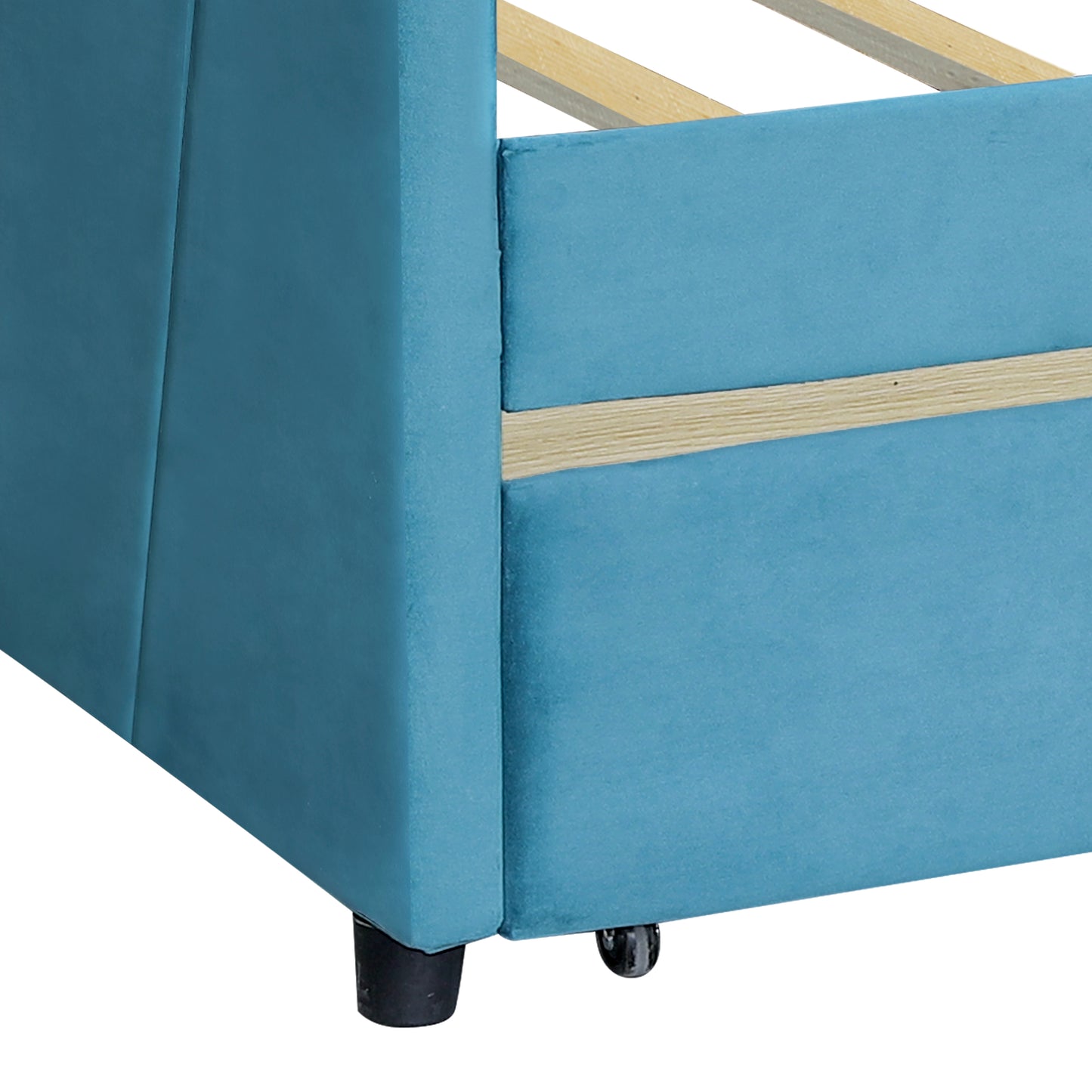 Teal velvet upholstered bed frame with wooden slats and black feet