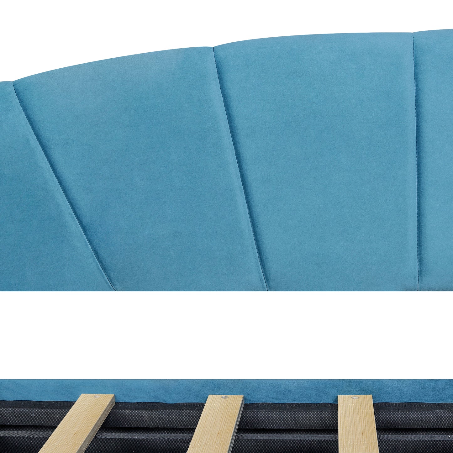 Closeup of quilted teal velvet fabric on a bed headboard