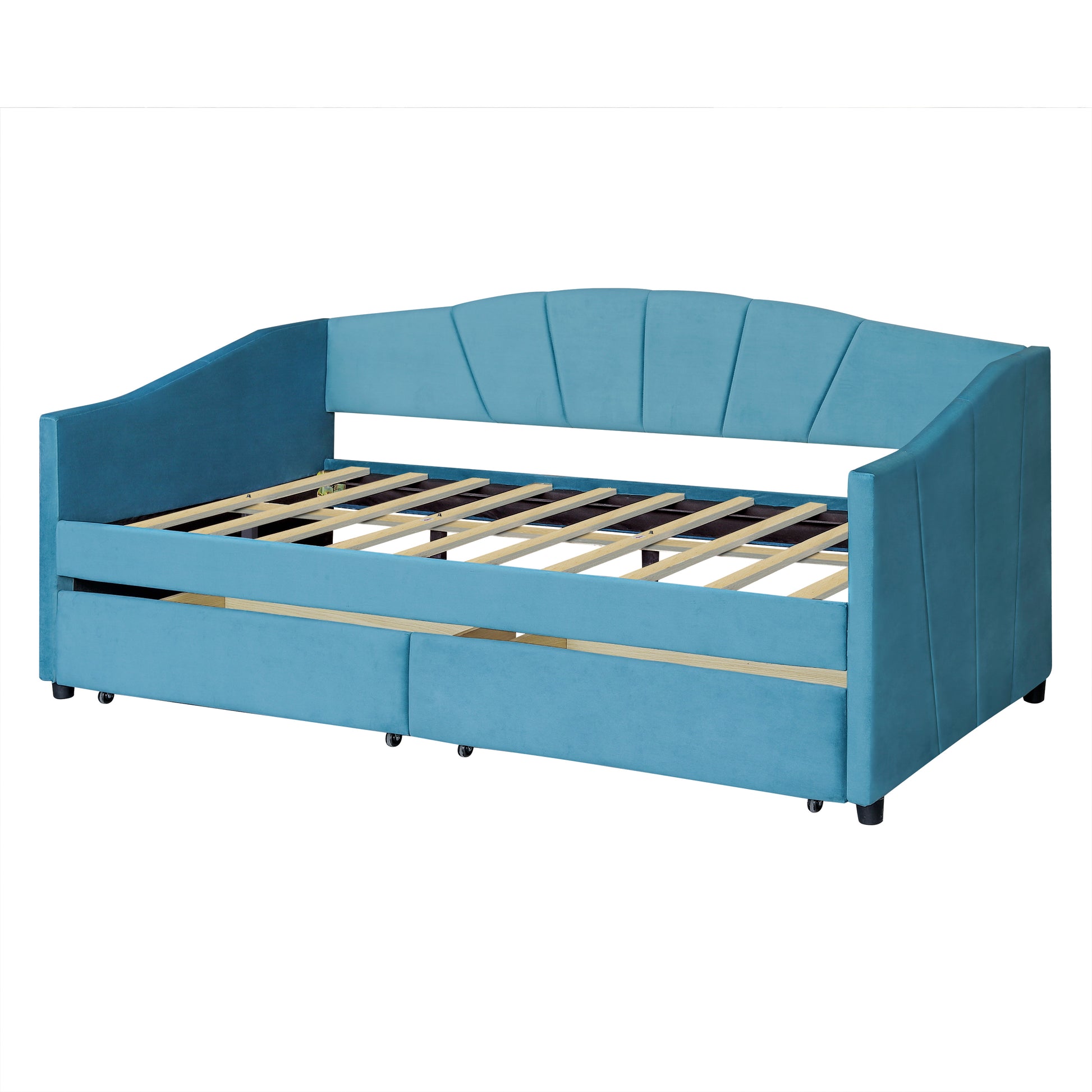 Turquoise velvet daybed with pullout trundle and fanshaped tufted back