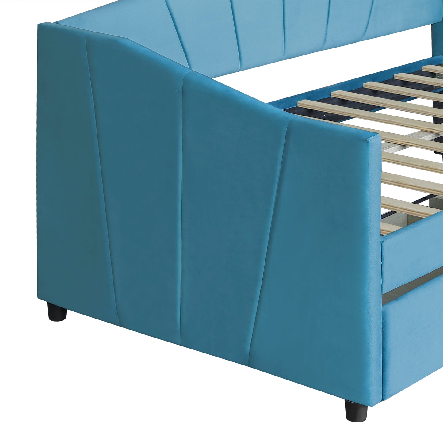 Teal velvet daybed with padded channel tufted back showcasing wood slat support