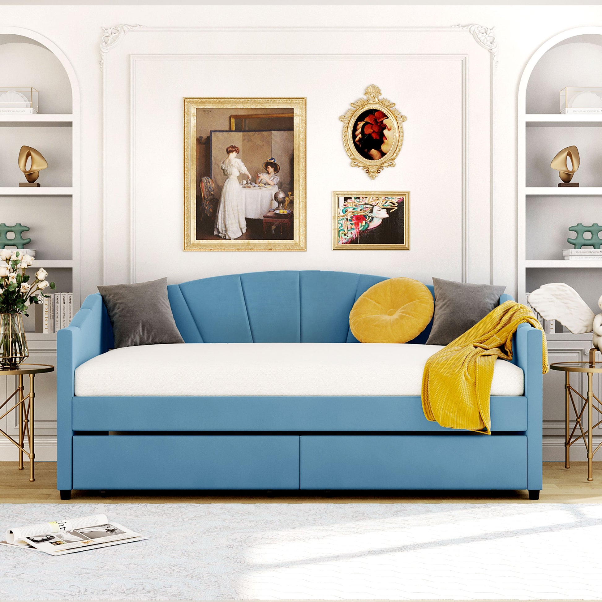 Blue fabric daybed with pullout trundle and storage drawers