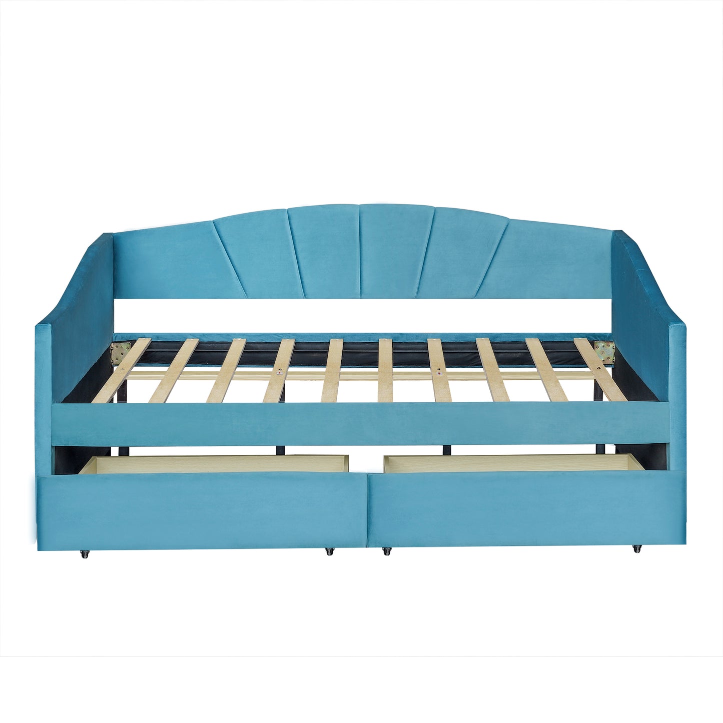 Blue velvet daybed with channeled back and two drawers
