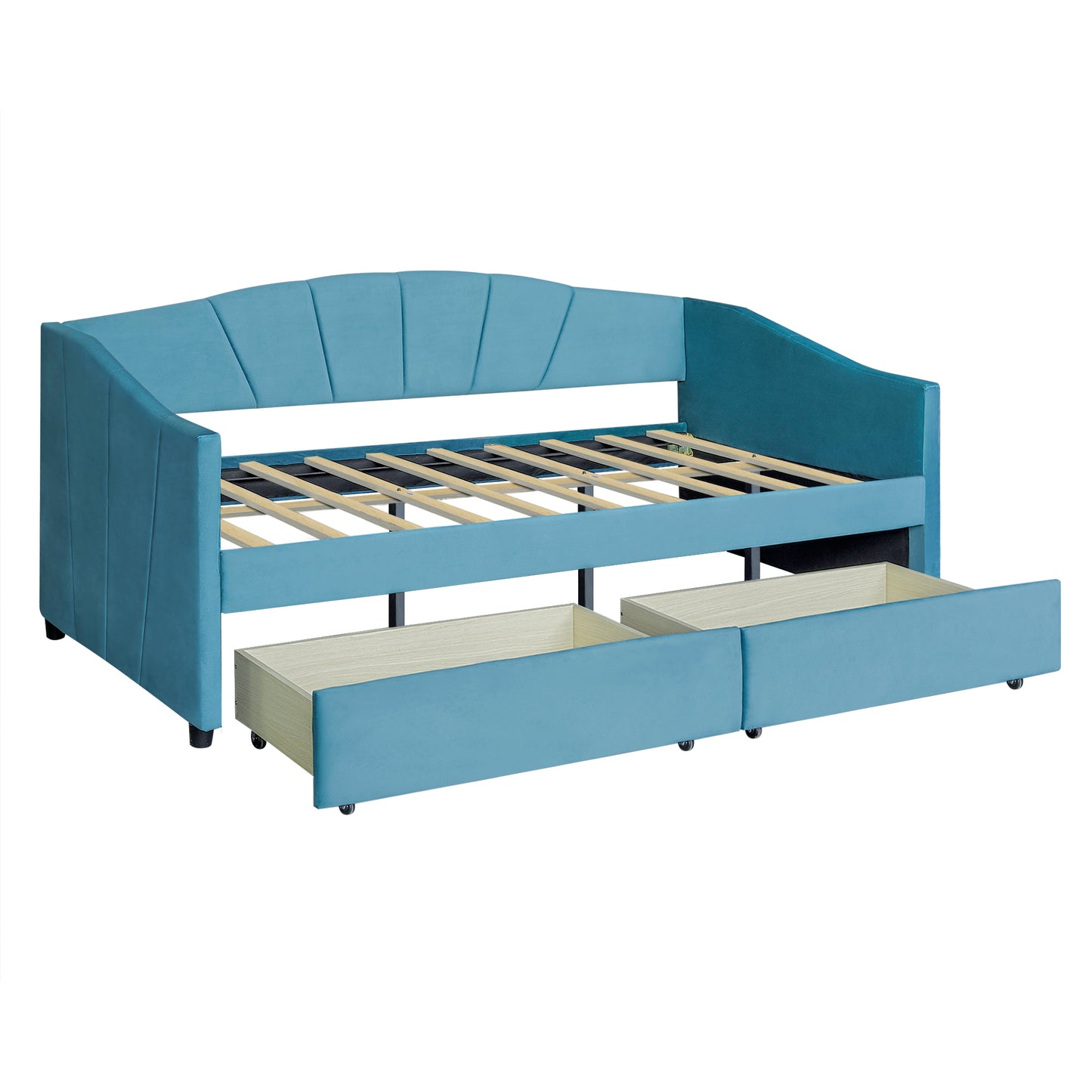 Turquoise velvet daybed with two storage drawers and curved tufted headboard