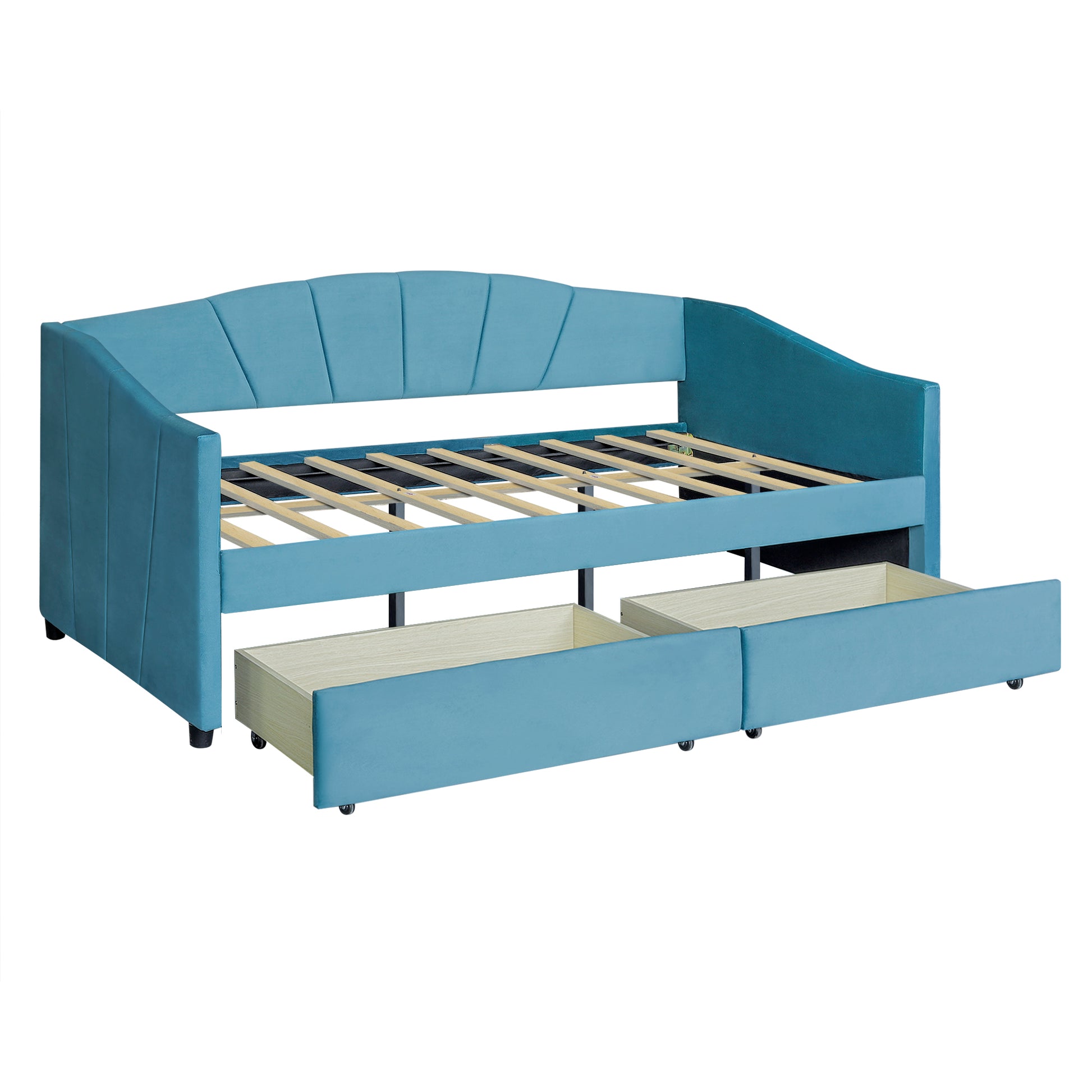 Turquoise velvet daybed with two storage drawers and curved tufted headboard