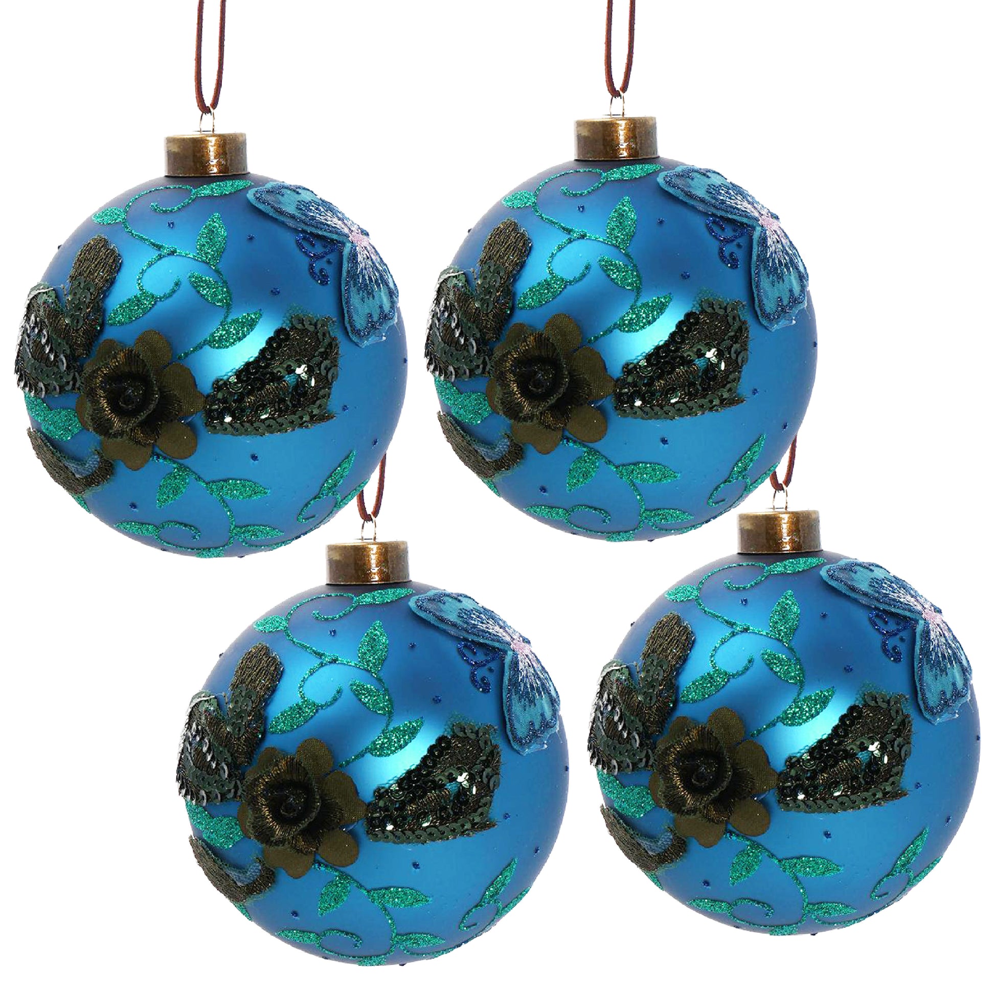 Four matte blue glass Christmas ornaments with green glitter vines and floral accents