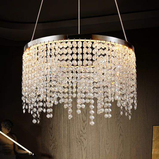 Modern crystal chandelier with a chrome finish cascades of faceted crystals shimmer perfect for dining rooms