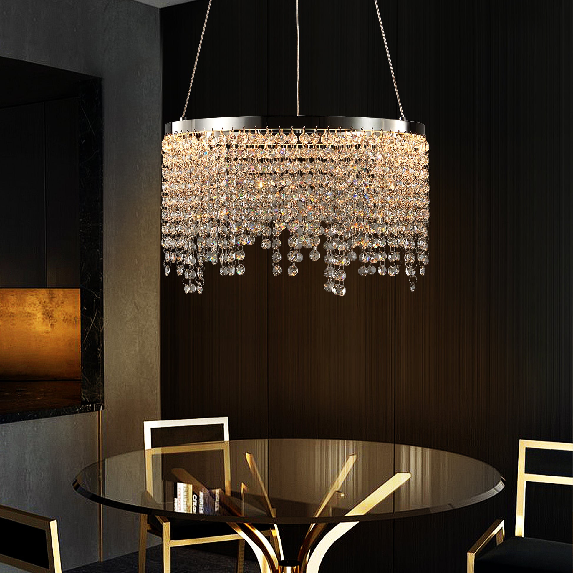 Modern crystal chandelier with cascading clear beads and polished chrome frame