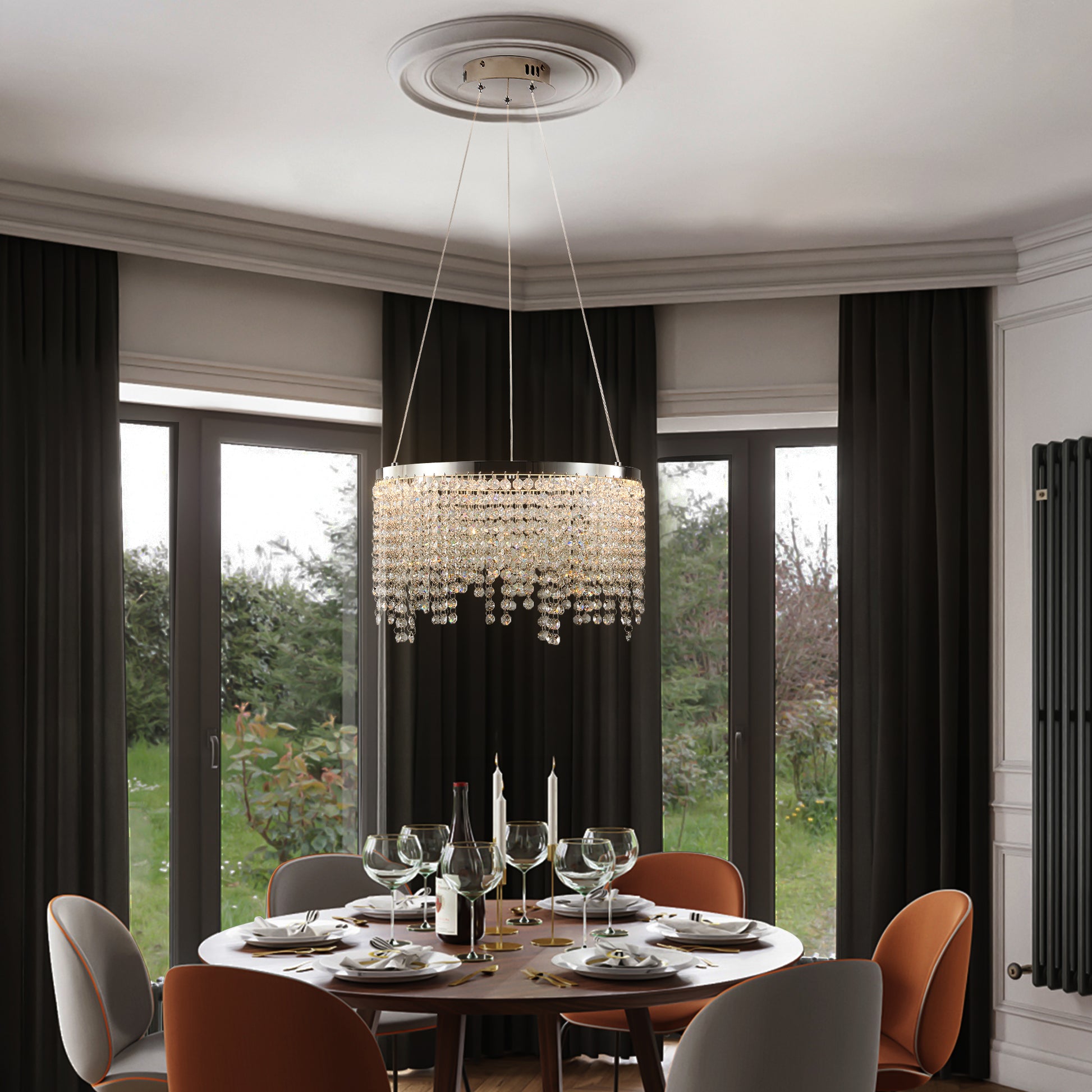 Circular crystal chandelier with chrome finish perfect for dining rooms
