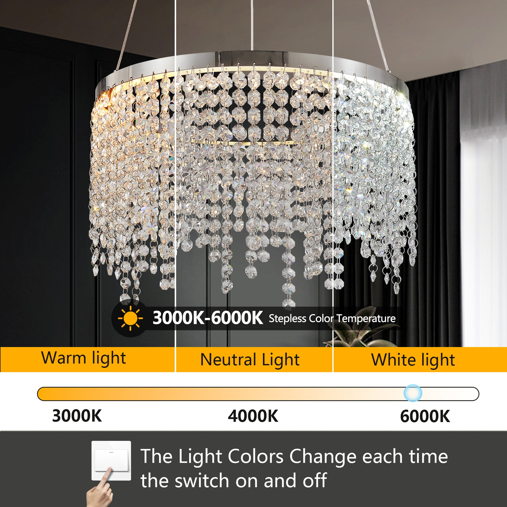 Glamorous crystal chandelier with stepless color temperature adjustment from K warm to K white light