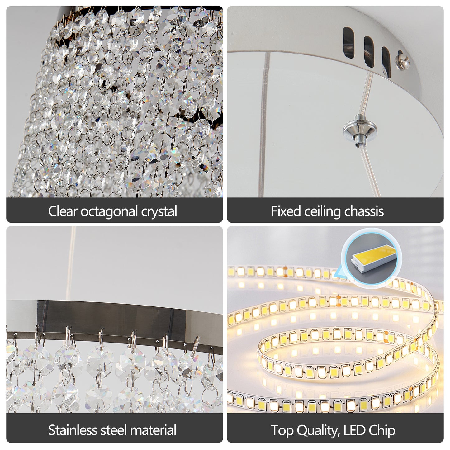 Closeup of clear octagonal crystal beads on a pendant light chain