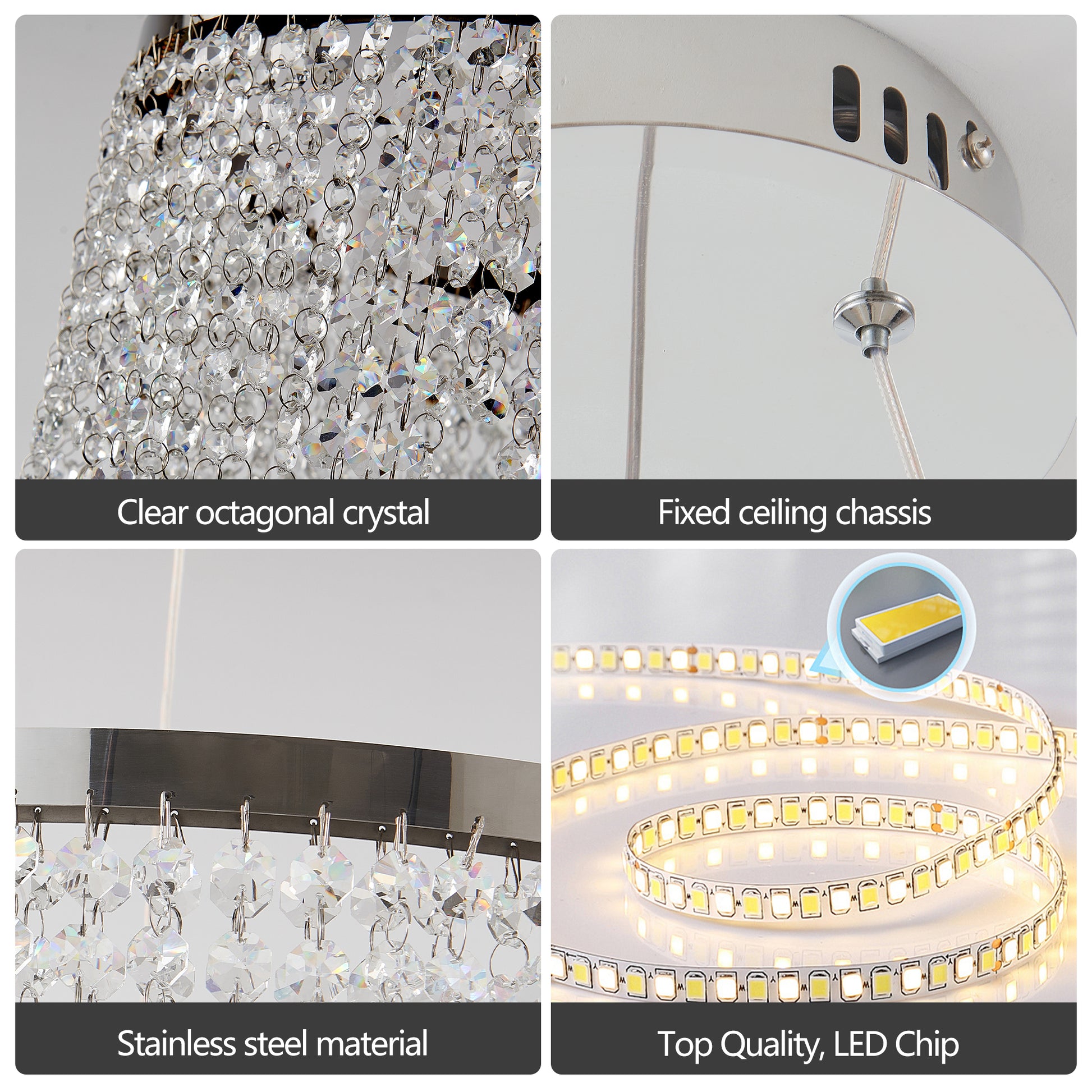 Closeup of clear octagonal crystal beads on a pendant light chain