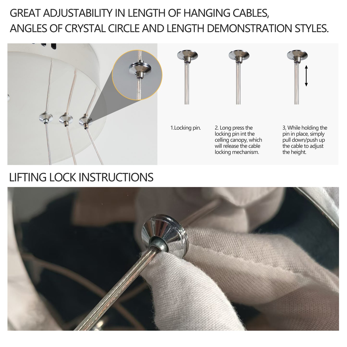 Chrome pendant light cable locking pin mechanism for adjustable height