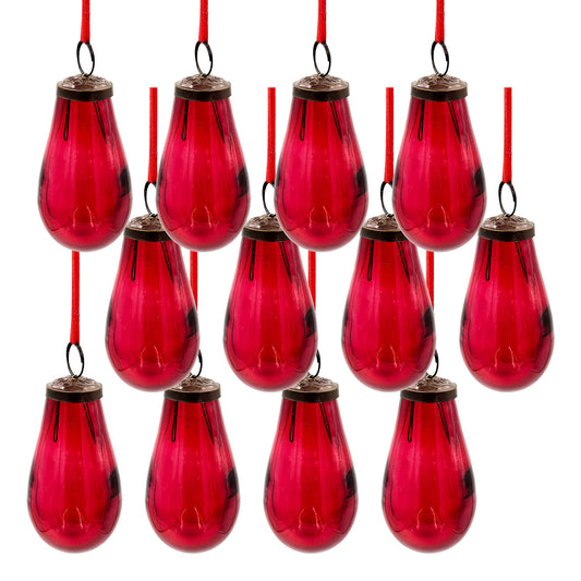 Set of  clear red glass teardrop ornaments with ornate bronze caps and red ribbon hangers