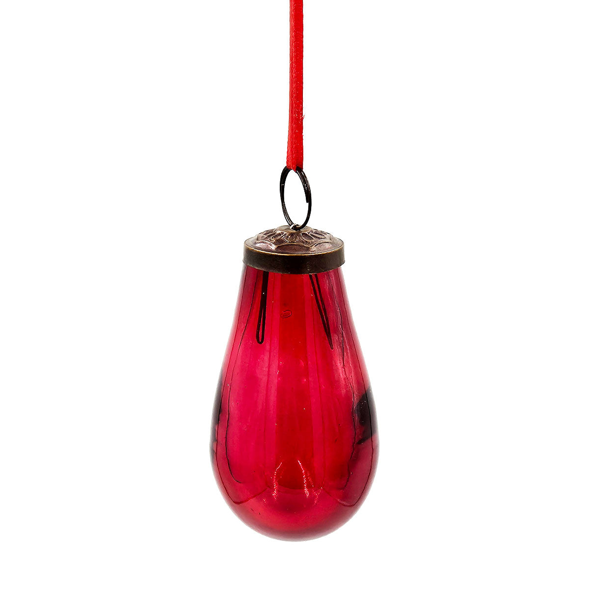Red glass teardrop ornament with antique brass cap and red ribbon hanger