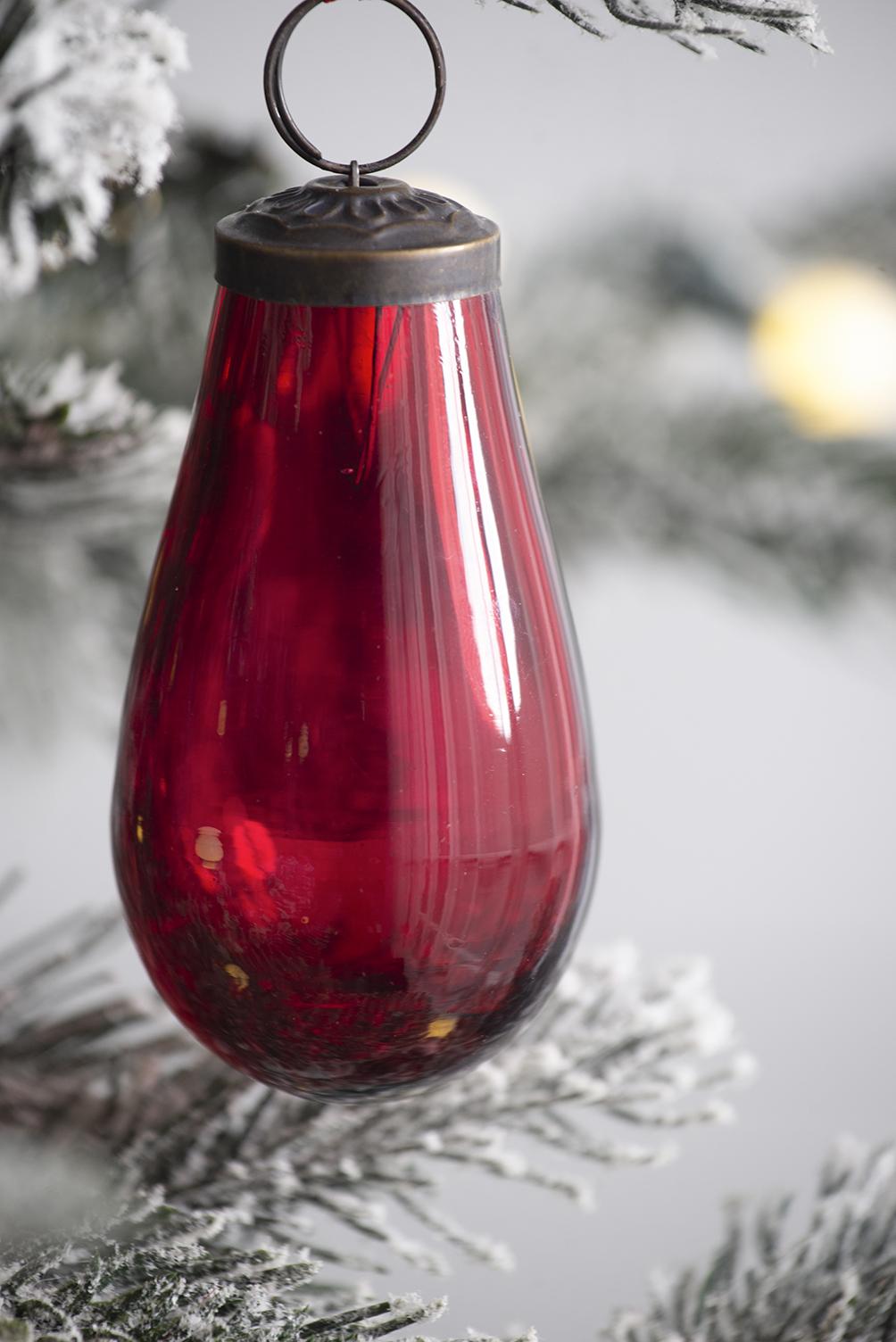 Vintagestyle red glass teardrop Christmas ornament with antique metal cap