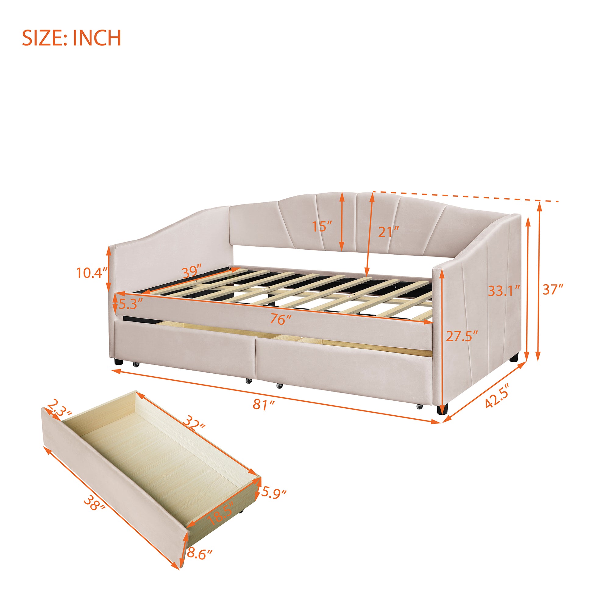 Beige velvet daybed with two drawers and wood slat support