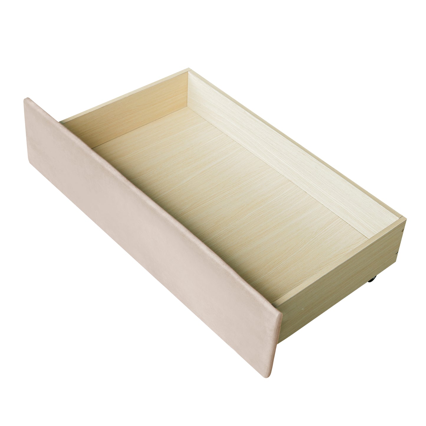 Beige fabricfronted bedroom drawer with light wood interior on casters