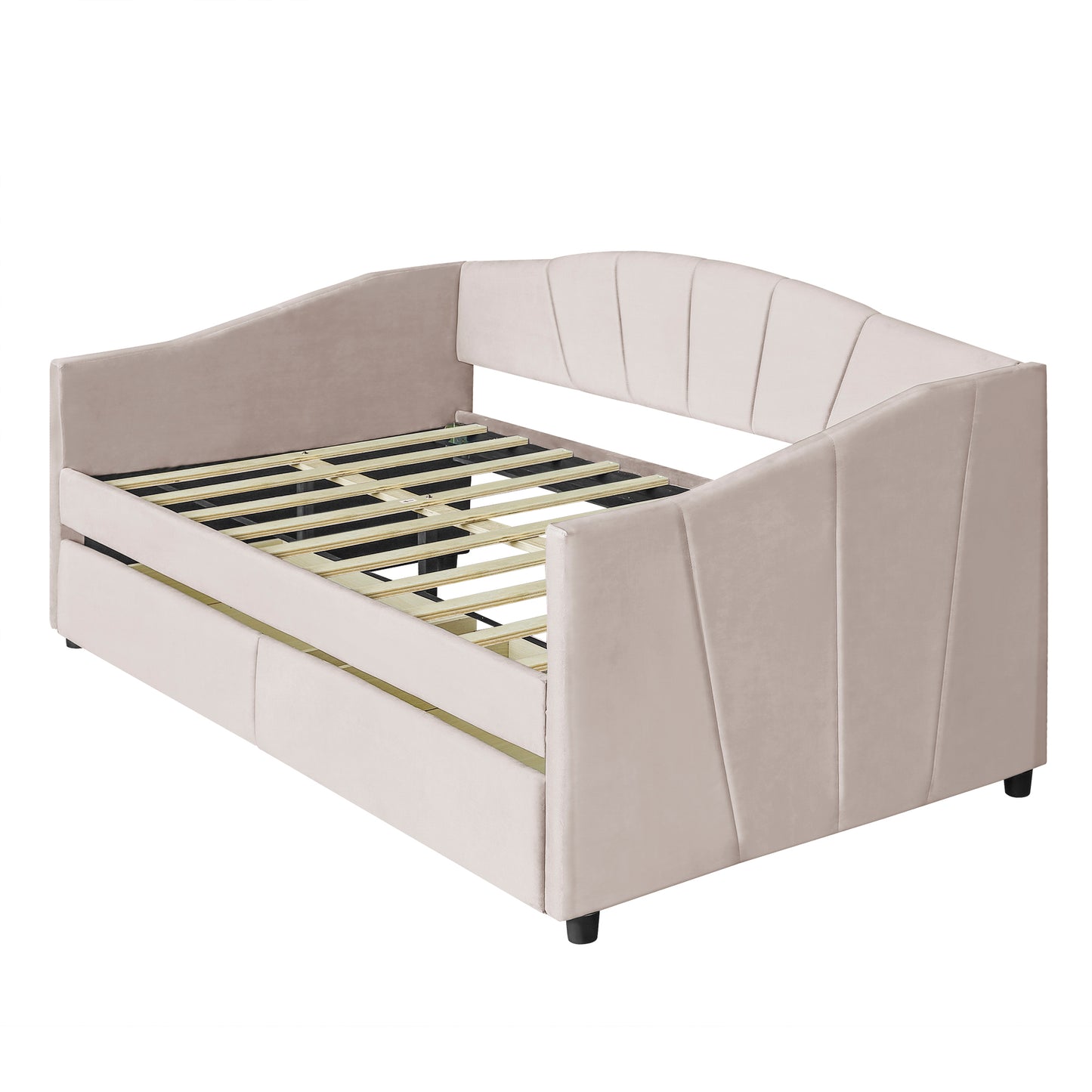 Beige velvet daybed with channel tufted headboard and footboard