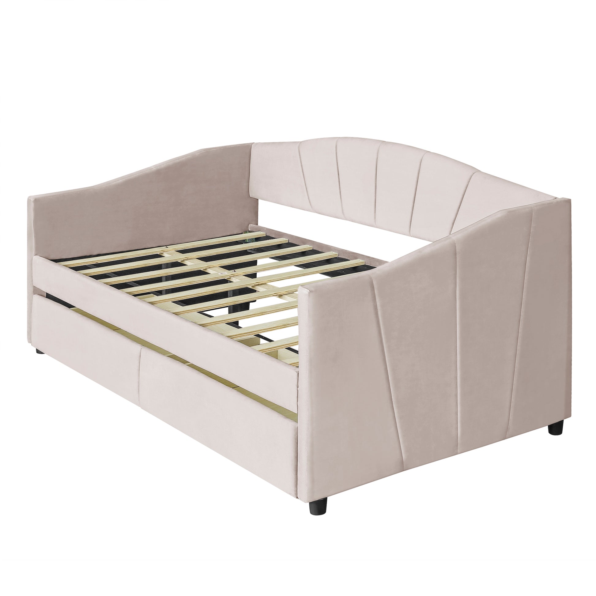 Beige velvet daybed with channel tufted headboard and footboard