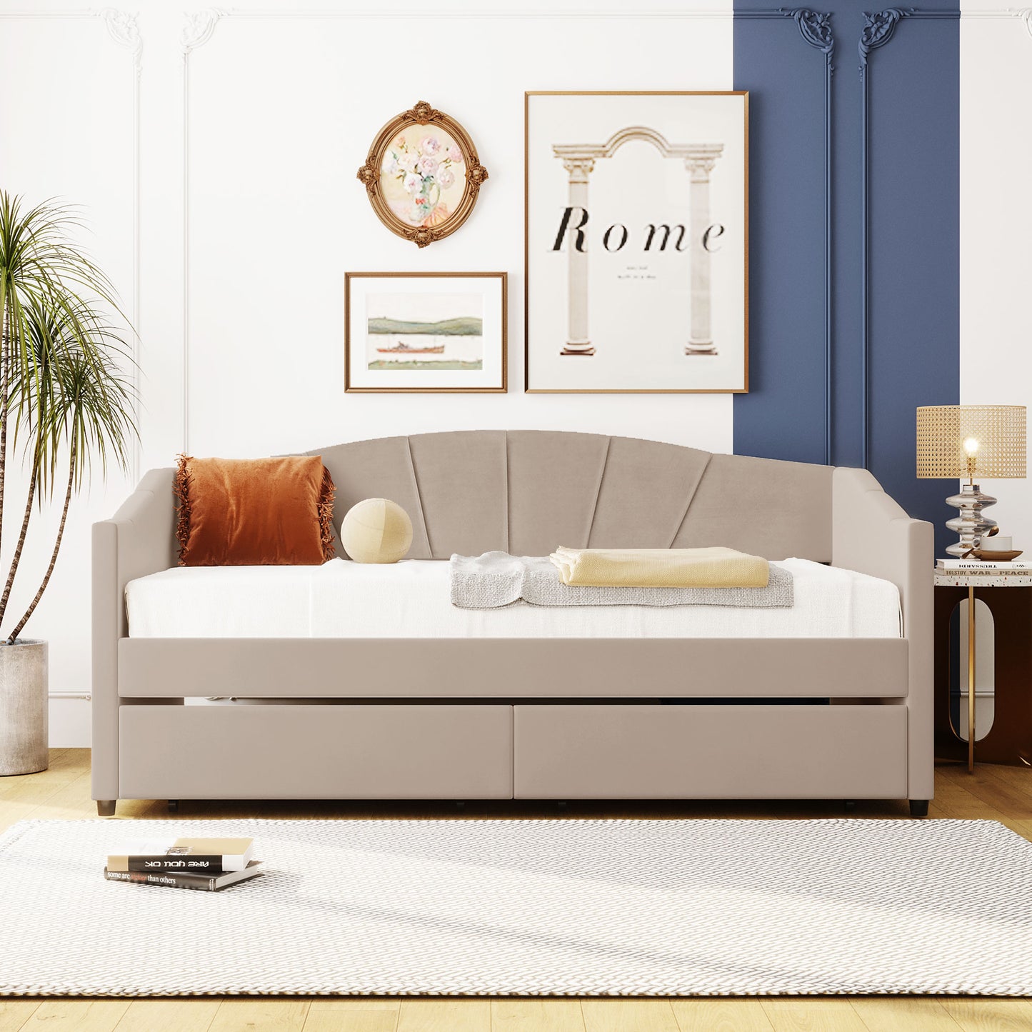 Taupe velvet daybed with fanshaped headboard and pullout trundle