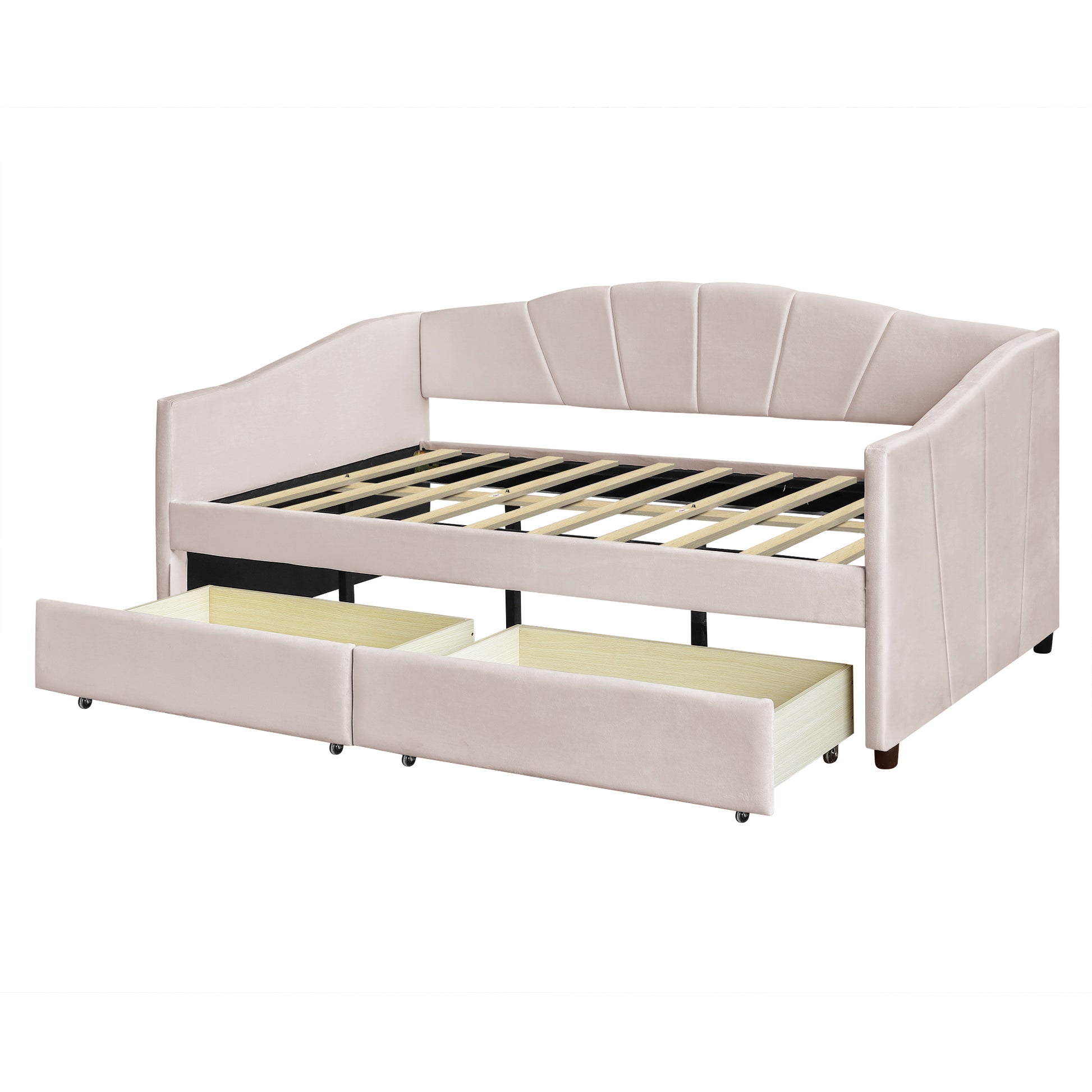 Beige velvet daybed with two pullout drawers and slatted frame