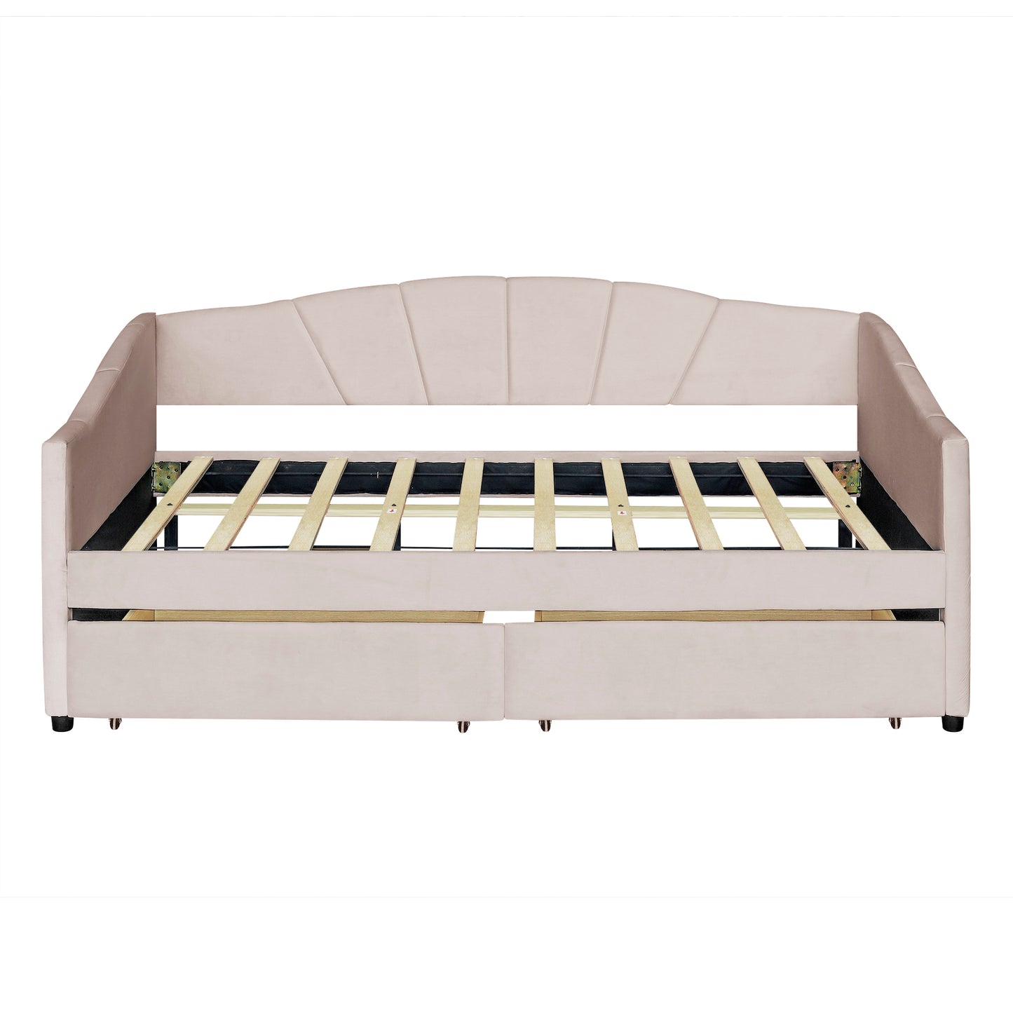 Upholstered beige daybed with tufted backrest and pullout trundle bed