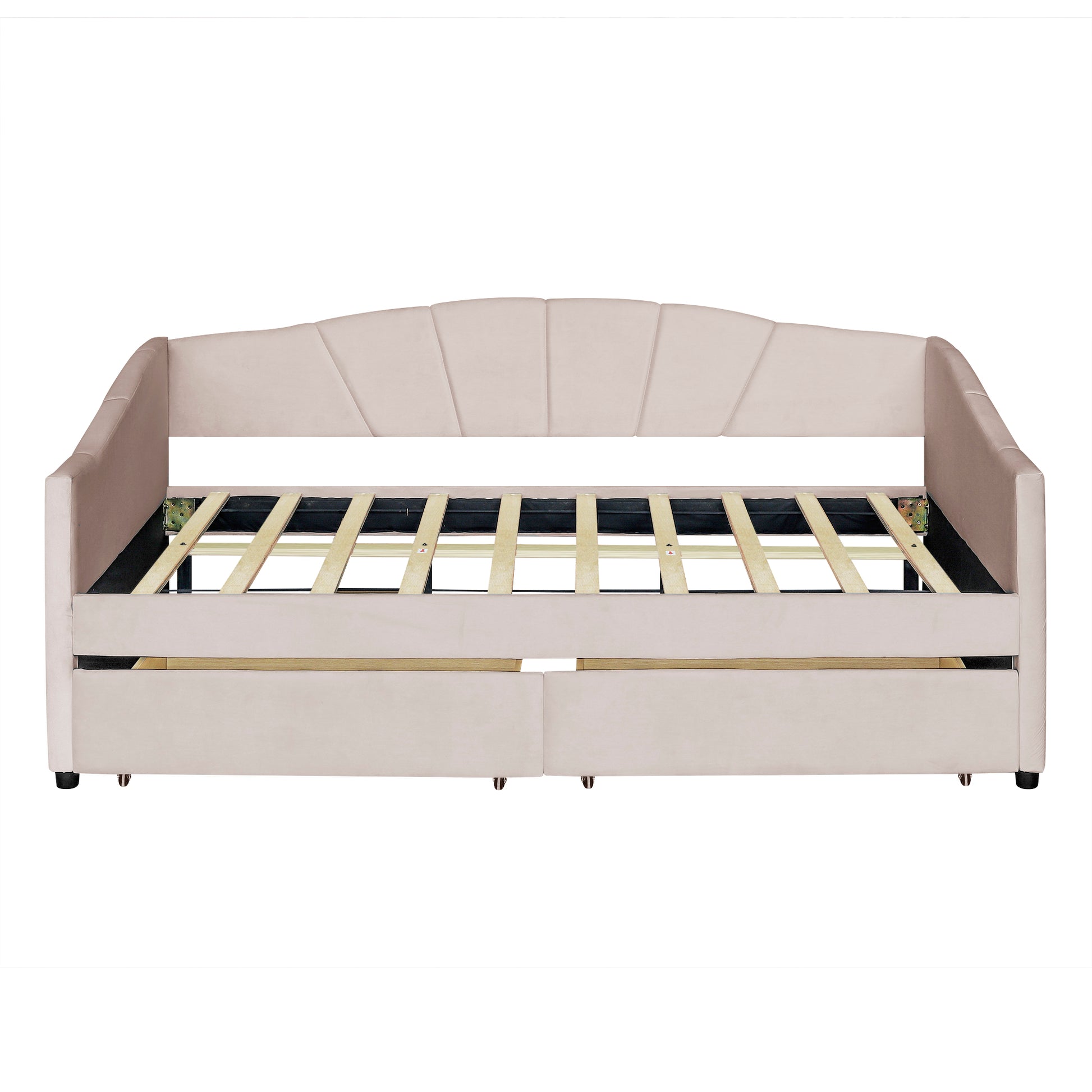 Upholstered beige daybed with tufted backrest and pullout trundle bed