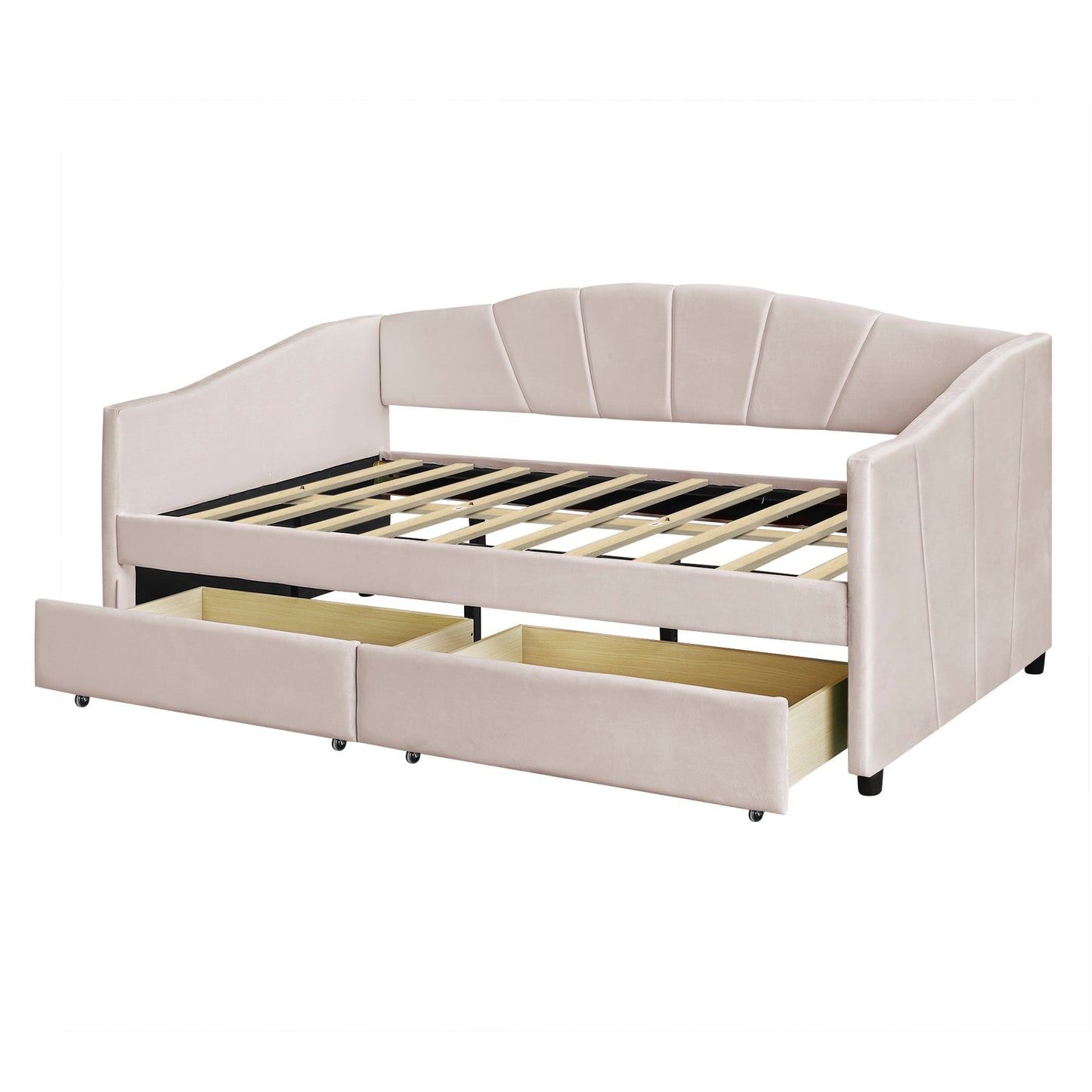 Pink velvet daybed with channel tufting and two pullout drawers for storage
