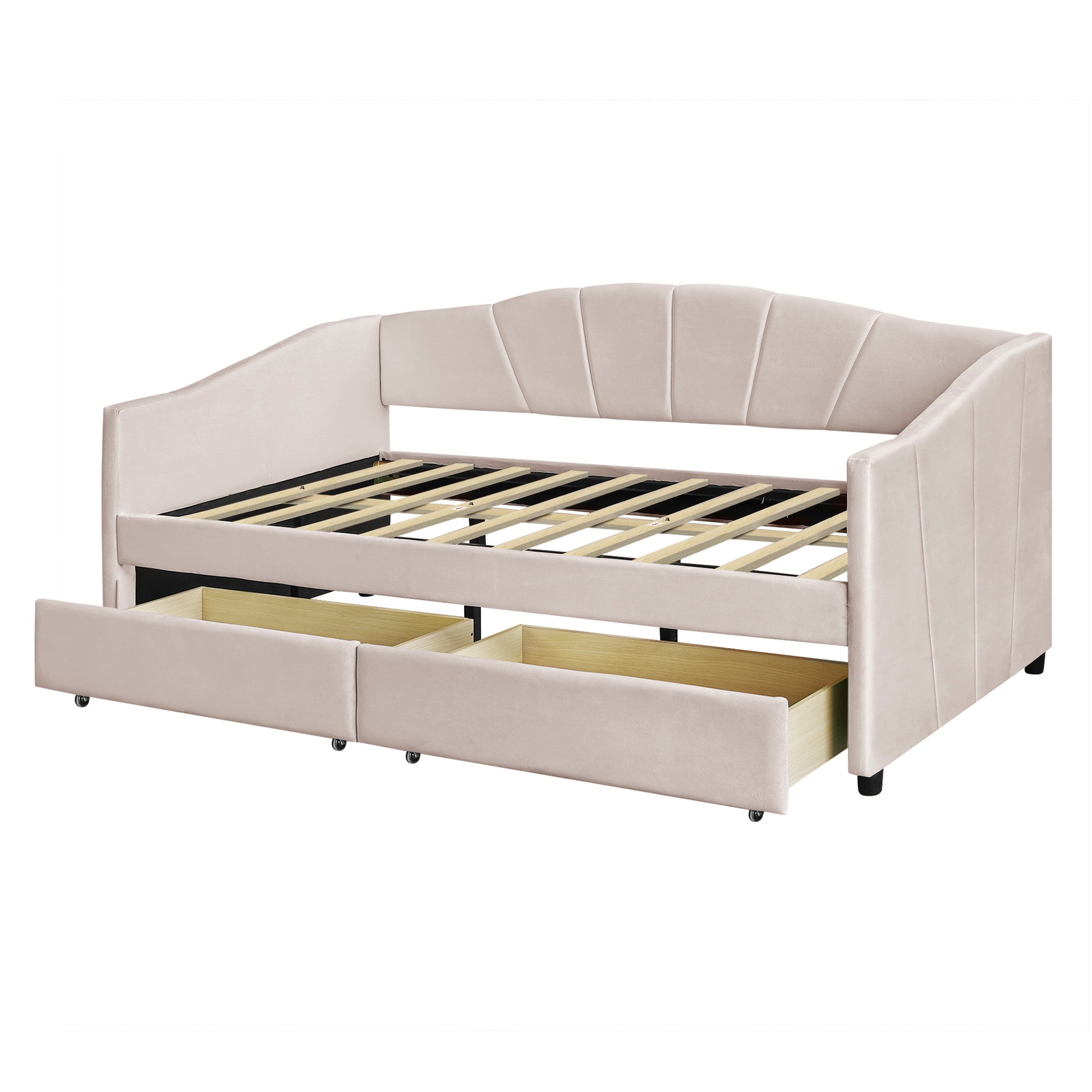 Pink velvet daybed with channel tufting and two pullout drawers for storage