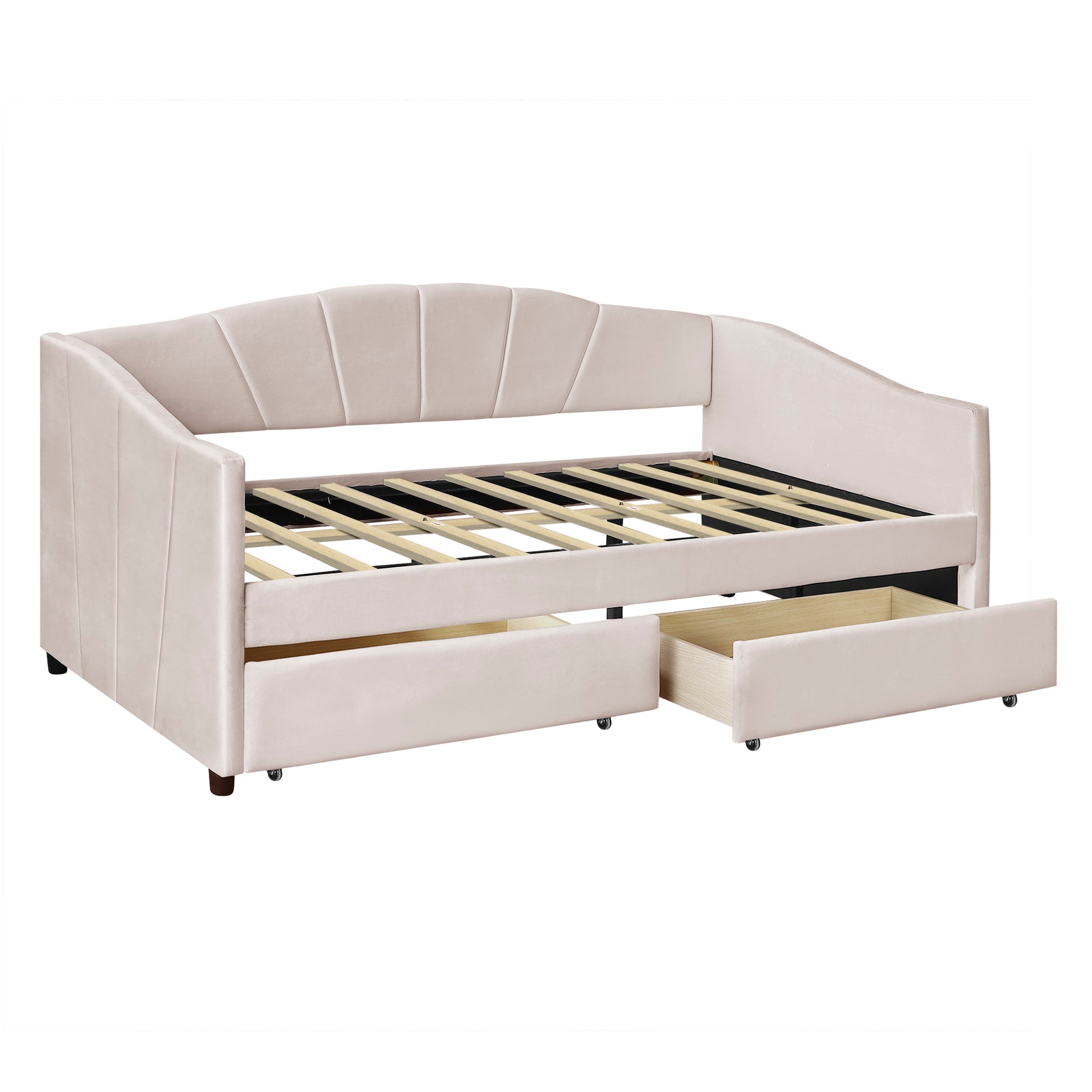 Pale pink velvet daybed with channeled headboard and trundle storage