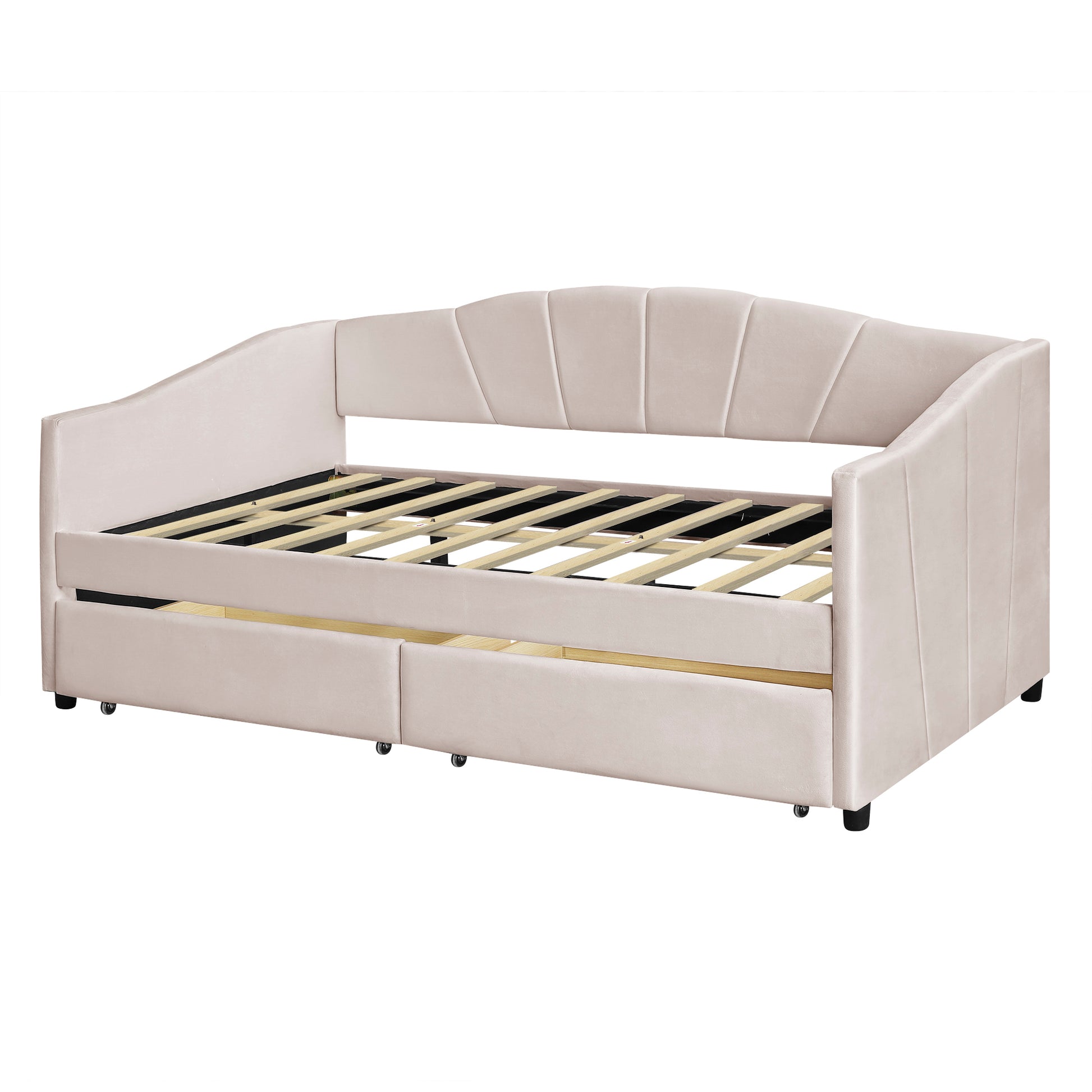 Light pink velvet daybed with tufted headboard and pullout trundle