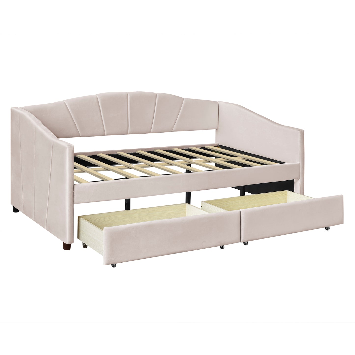 Pink velvet daybed with two pullout drawers and channeled back