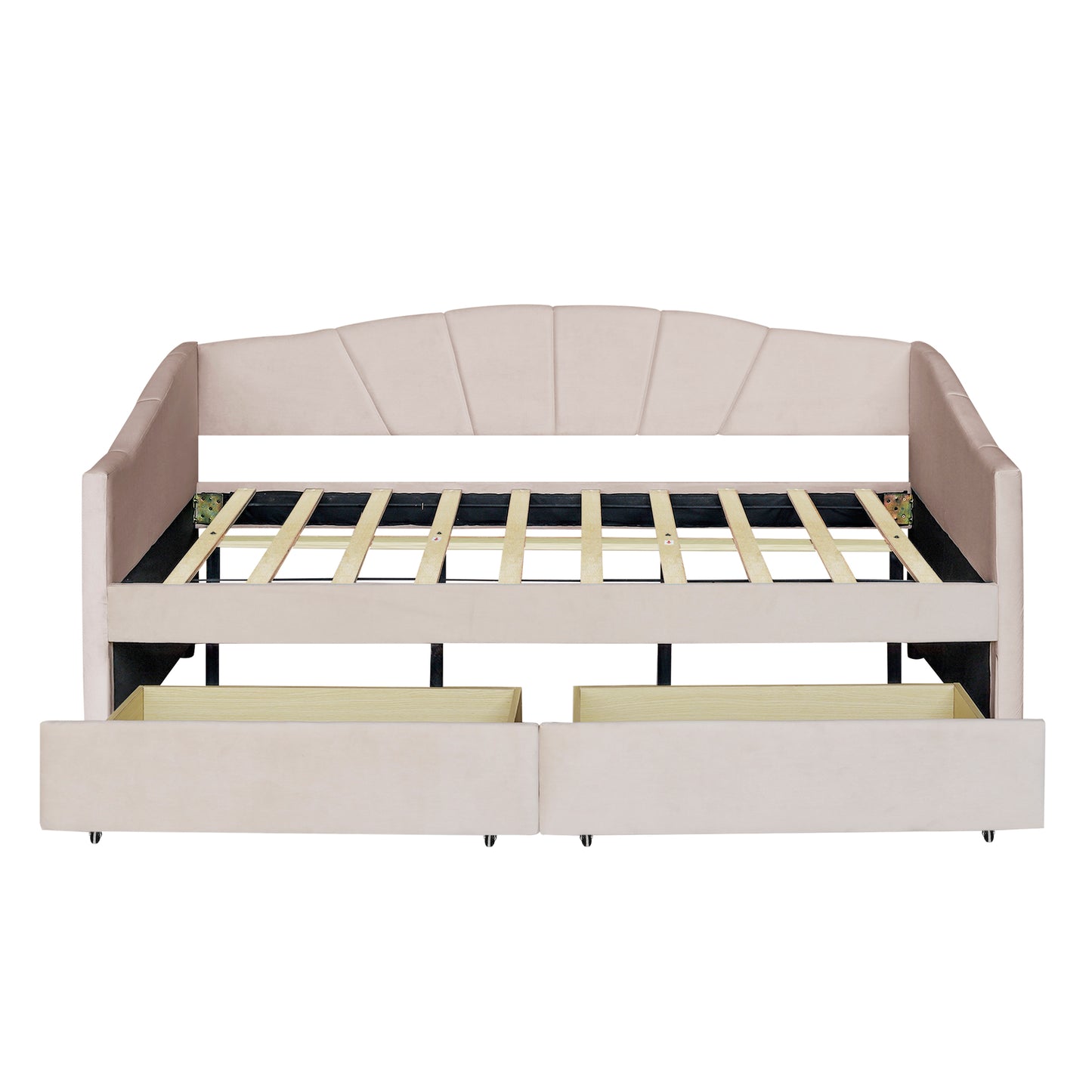 Pink velvet daybed with fanshaped headboard and two storage drawers