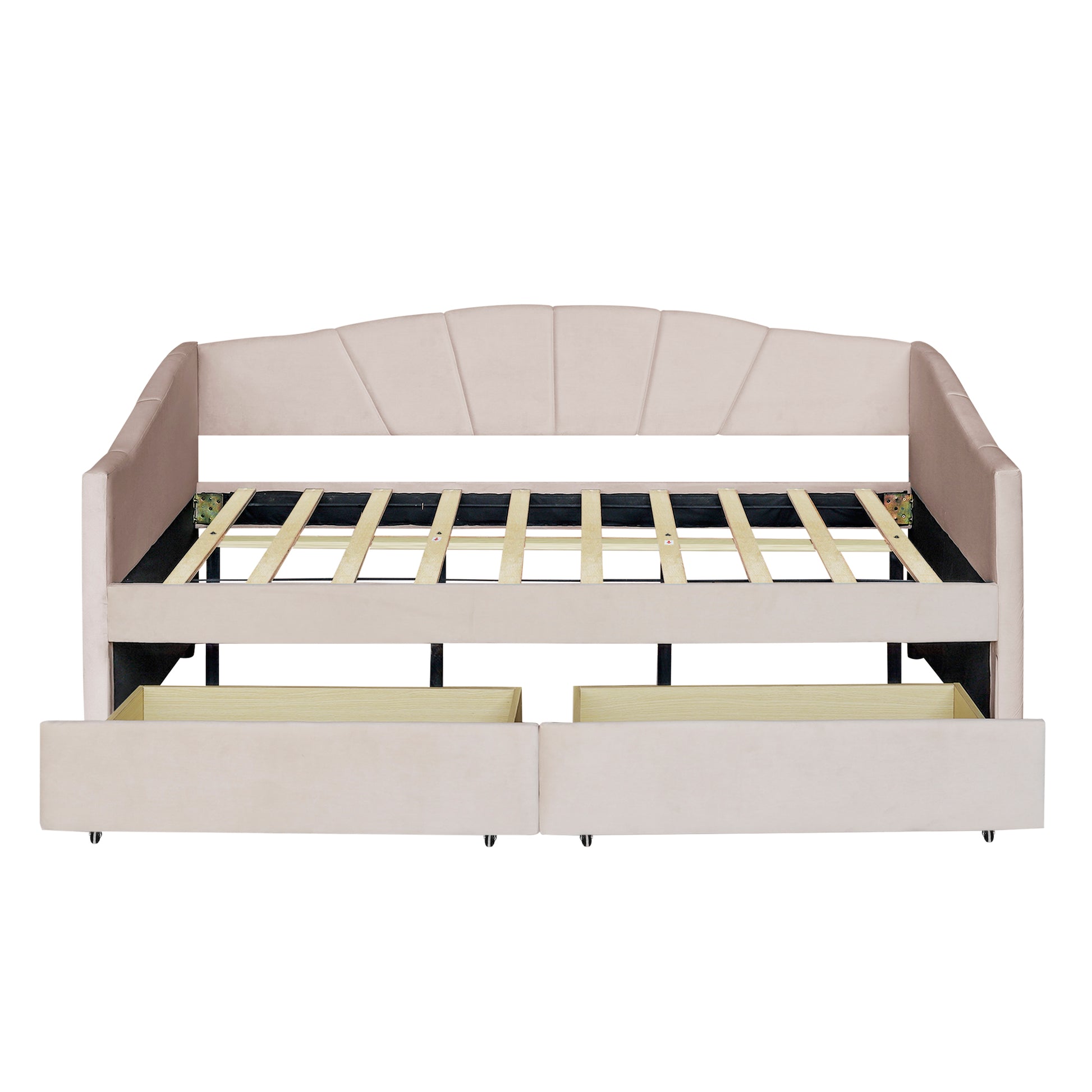 Pink velvet daybed with fanshaped headboard and two storage drawers