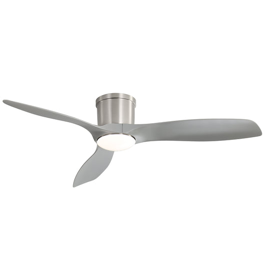 Modern gray ceiling fan with brushed nickel housing and integrated LED light