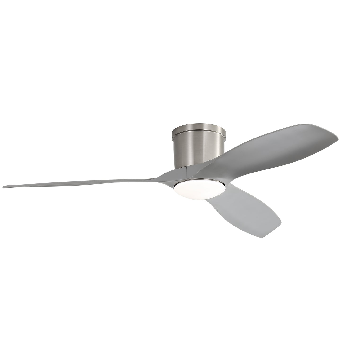 Modern gray ceiling fan with integrated LED light and brushed nickel base