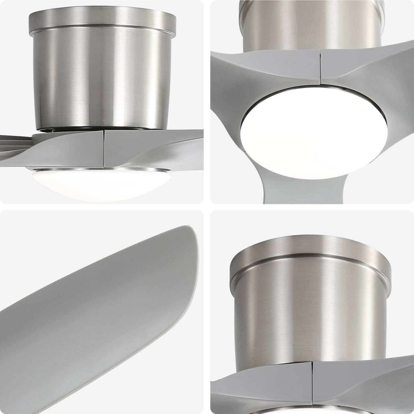 Modern brushed nickel ceiling fan motor with integrated LED light and gray blades