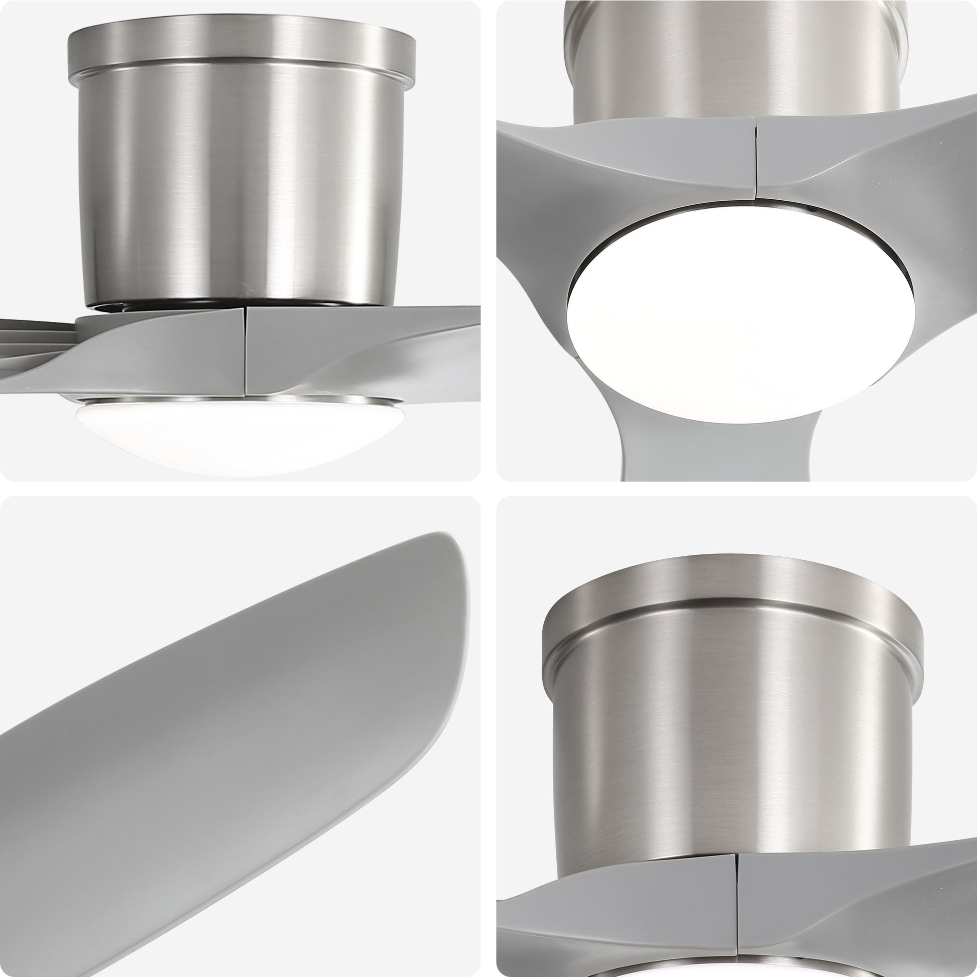 Modern brushed nickel ceiling fan motor with integrated LED light and gray blades