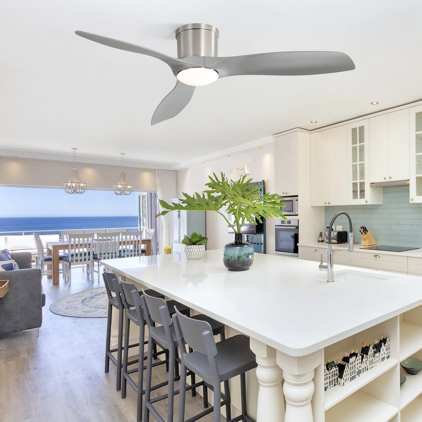 Sleek silver ceiling fan with integrated LED light perfect for modern kitchens