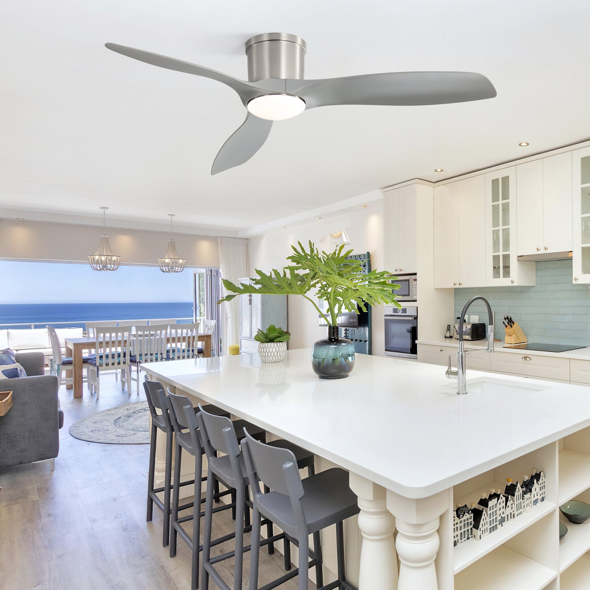 Sleek silver ceiling fan with integrated LED light perfect for modern kitchens